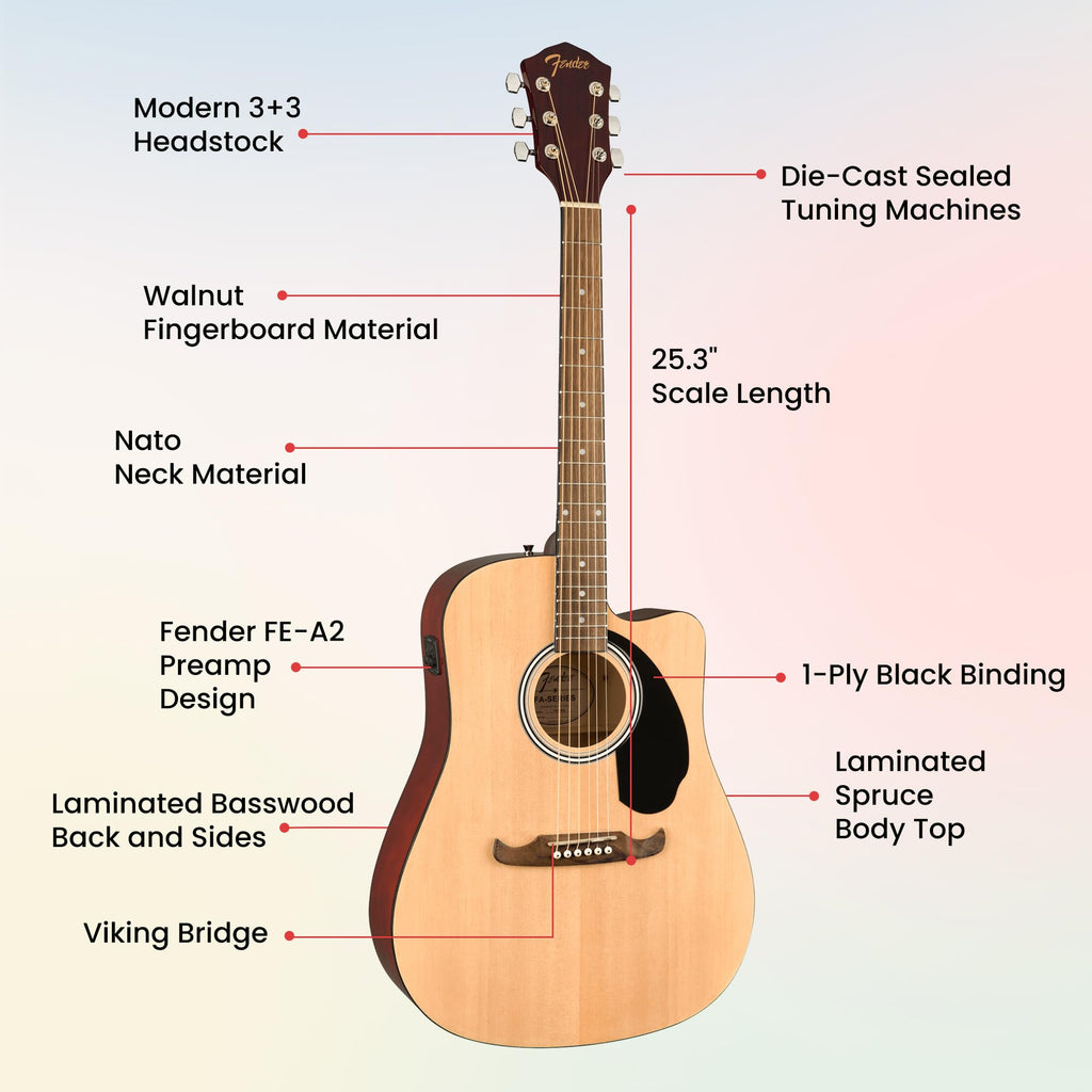 Fender FA-125CE Dreadnought Cutaway Acoustic-Electric Guitar - Natural Bundle with Hard Case, Tuner, Strap, Strings, Picks, and Austin Bazaar Instructional DVD