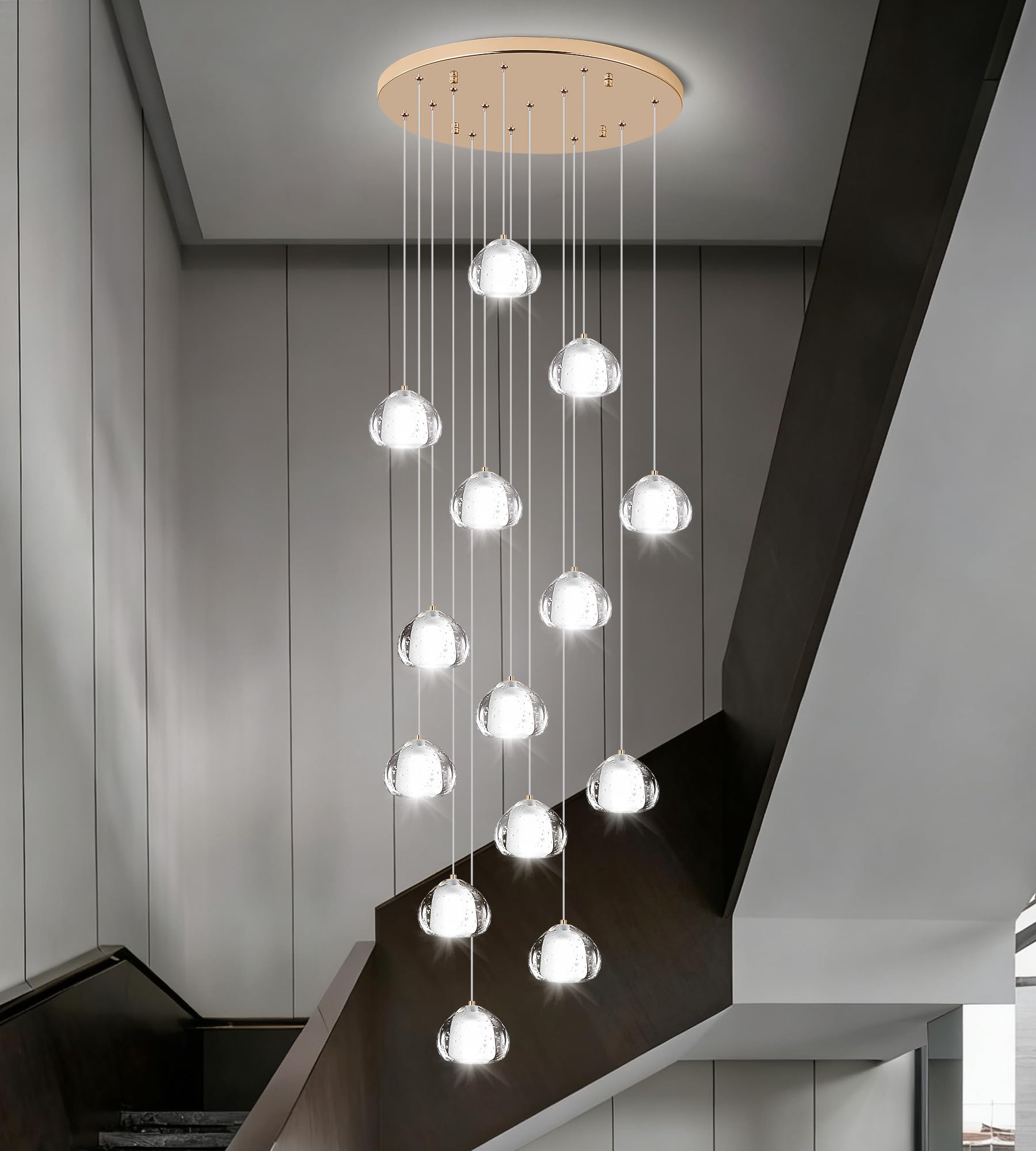 YwueChwu Gold Crystal Chandeliers for Staircase 14-Lights, H120 Inches Modern Indoor High Ceilings LED Pendant Light Fixture for Living Room Foyer Entryway