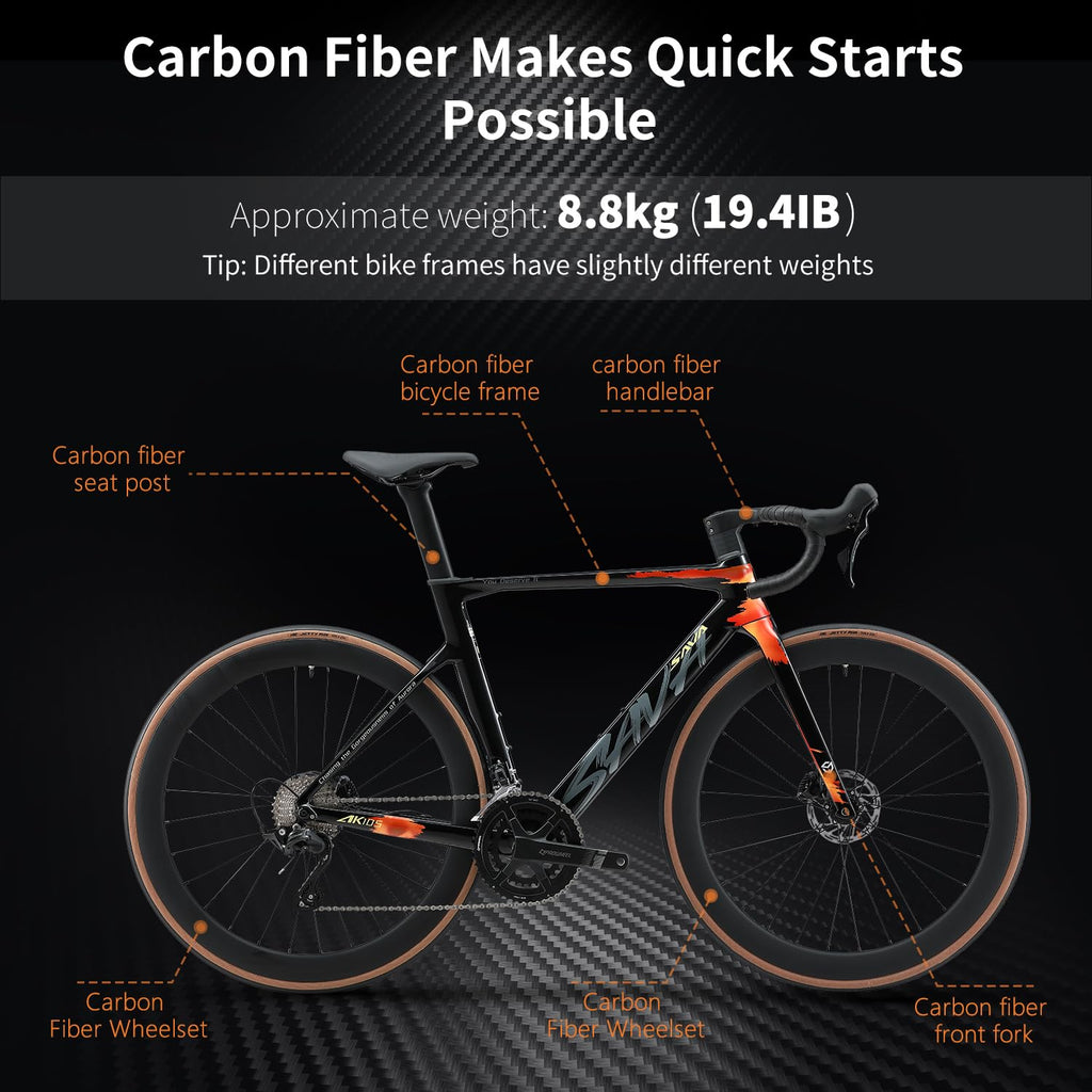 SAVADECK Carbon Fiber Road Bike, Hydraulic Oil Disc Bike with Carbon Fiber Frame and Wheelset, Lightweight Full Carbon Racing Bicycle with Shimano R7120 24S Shift Set for Adults(Twilight-Orange,47cm)