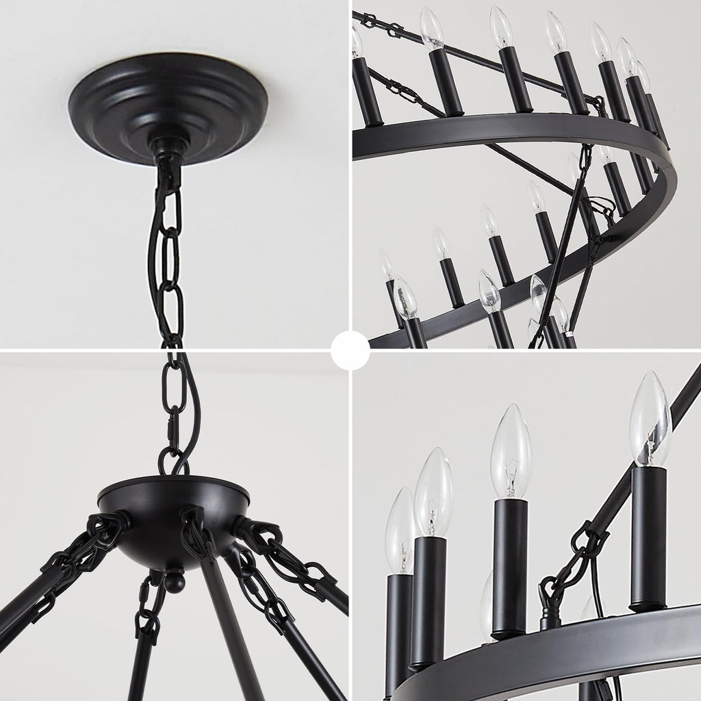 VBKK 60-Inch Black Extra Large Wagon Wheel Chandelier, 2 Tier 54-Light Farmhouse Chandeliers Industrial Round High Ceiling Pendant Light for Dining Room, Living Room, Entryway, E12