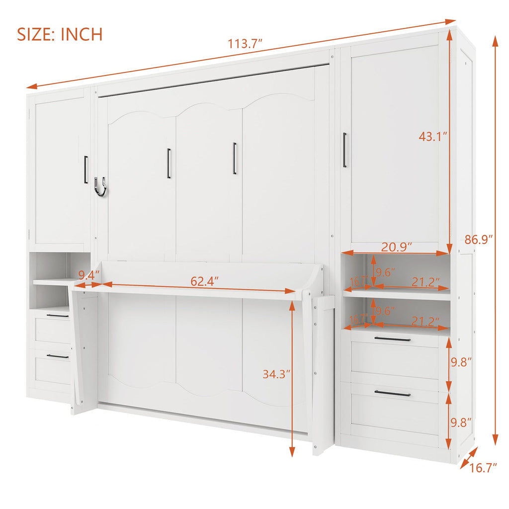 Merax Queen Size Murphy Bed with Desk, Multifunctional Foldable Wall Bed with Closet, Drawers and Shelves, Space-Saving Wood Platform Bed Frame for Small Spaces Studio Study Office Guest Room, White