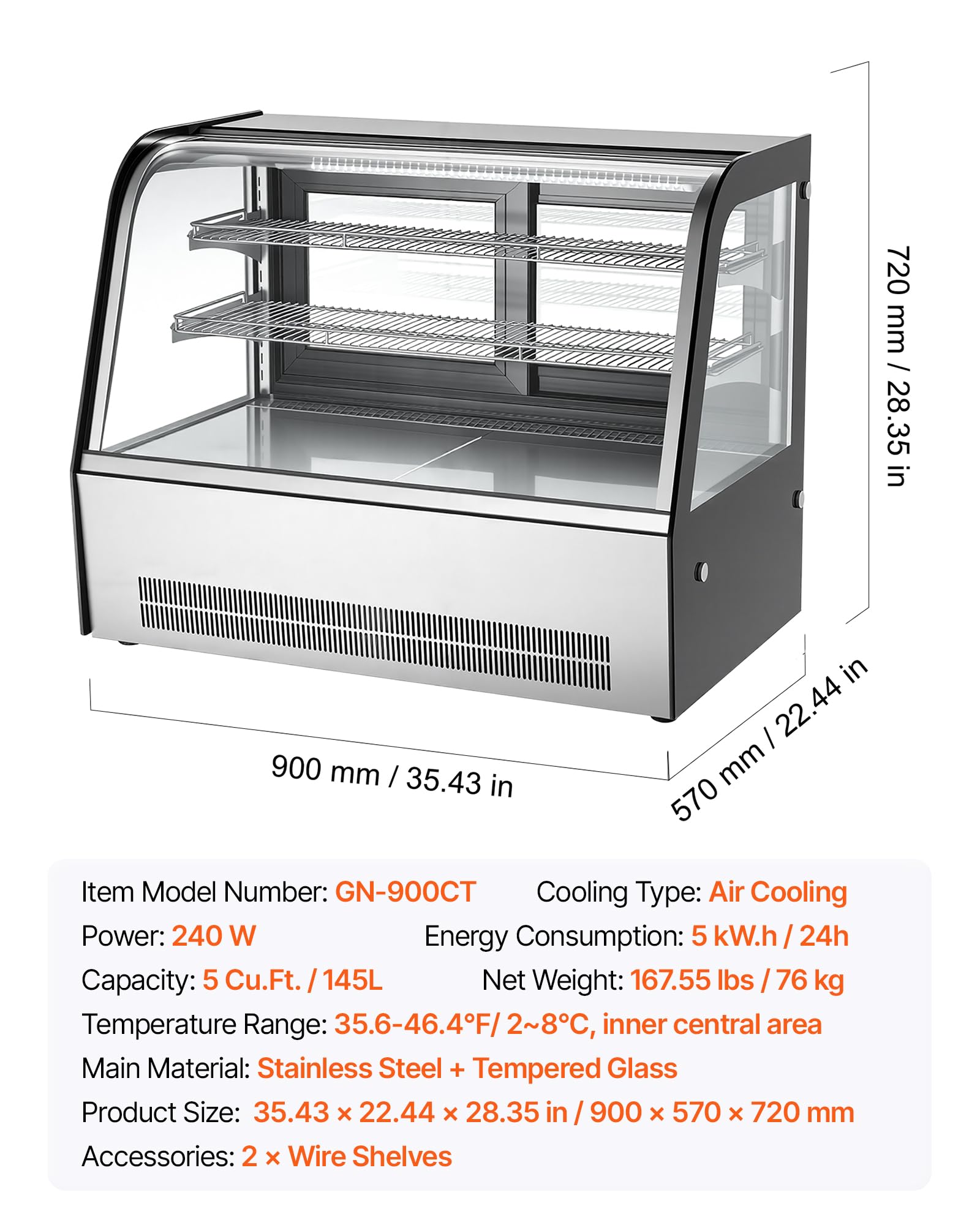 VEVOR Refrigerated Display Case, 5 Cu.Ft./145L Countertop Pastry Display Case, 2-Tier Commercial Cake Refrigerator with LED Lighting, TURBO Cooling, Frost-Free Air-Cooling, for Bakery, Dessert Shop