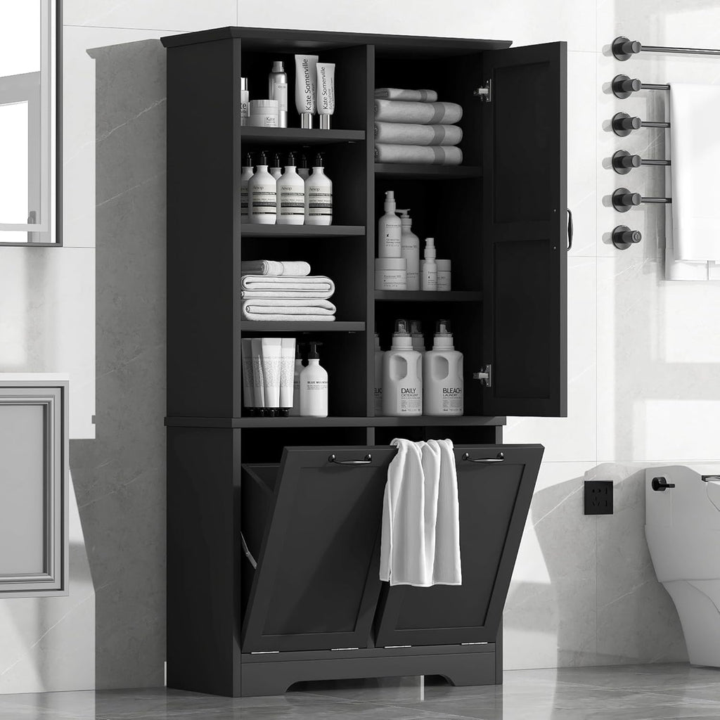 Virubi Tall Laundry Cabinet with 2 Tilt Out Laundry Hamper, Wood Bathroom Storage Cabinet with Doors and Adjustable Shelves Freestanding (Black)