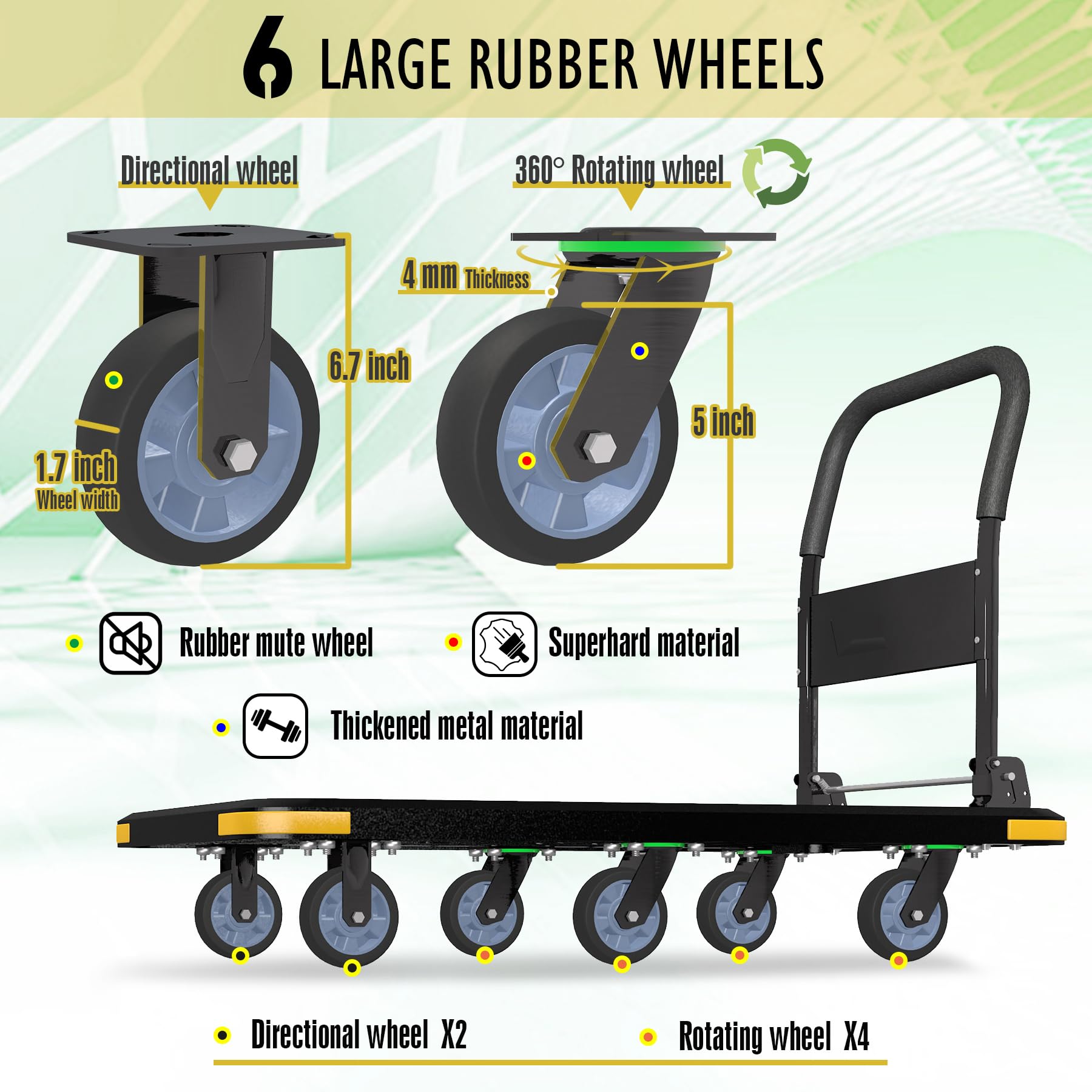 Heavy-Duty Foldable Platform Cart with 6 Wheels & 2000LB Capacity - 360° Swivel & Fixed Casters, Collapsible Push Cart Dolly Black Plastic Trolley, 5" Wheels, Spare Tire & Anti-Collision Corners
