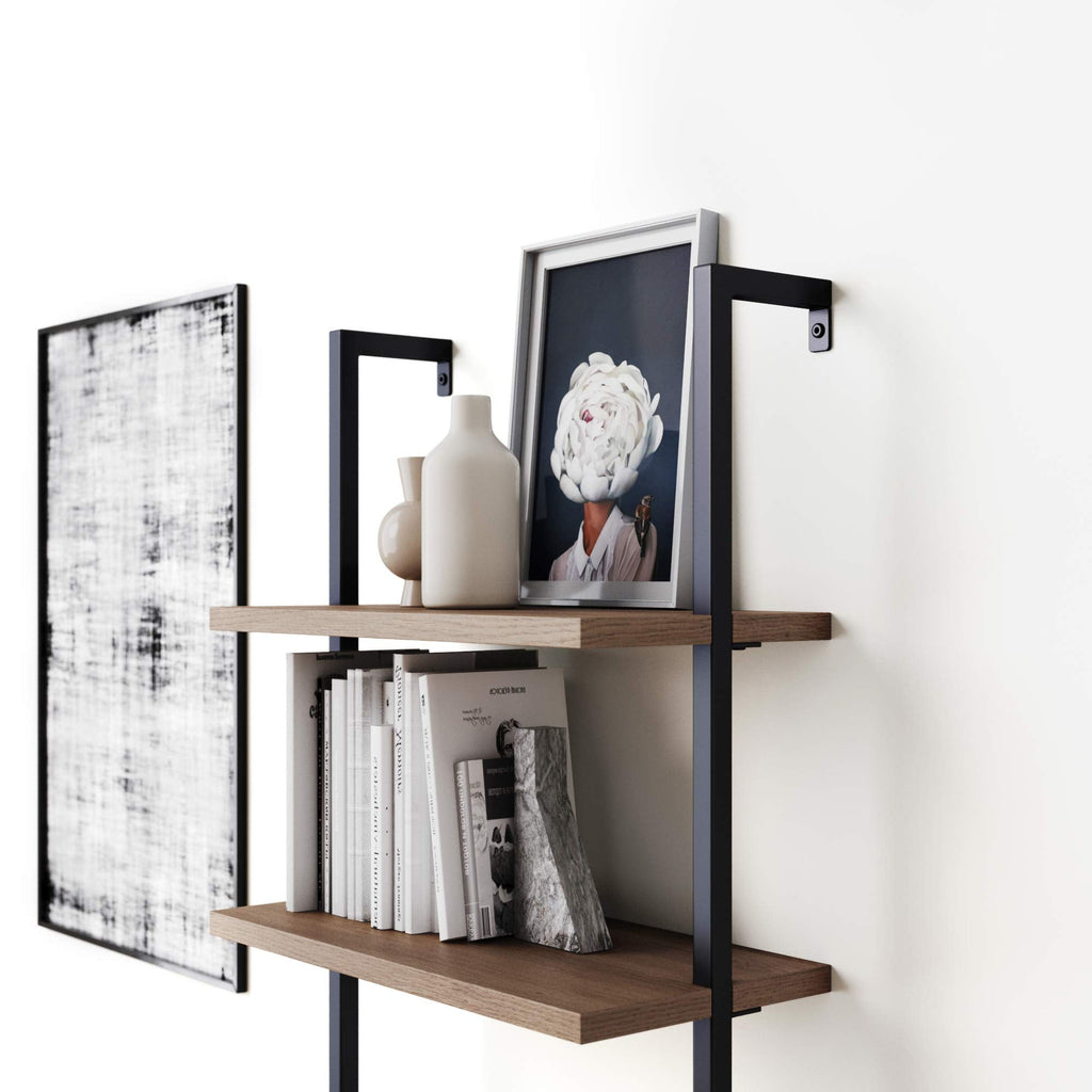 Nathan James Theo 5-Shelf Wood Modern Bookcase, Open Wall Mount Ladder Bookshelf with Industrial Black Metal Frame, Reclaimed Oak, Set of 2