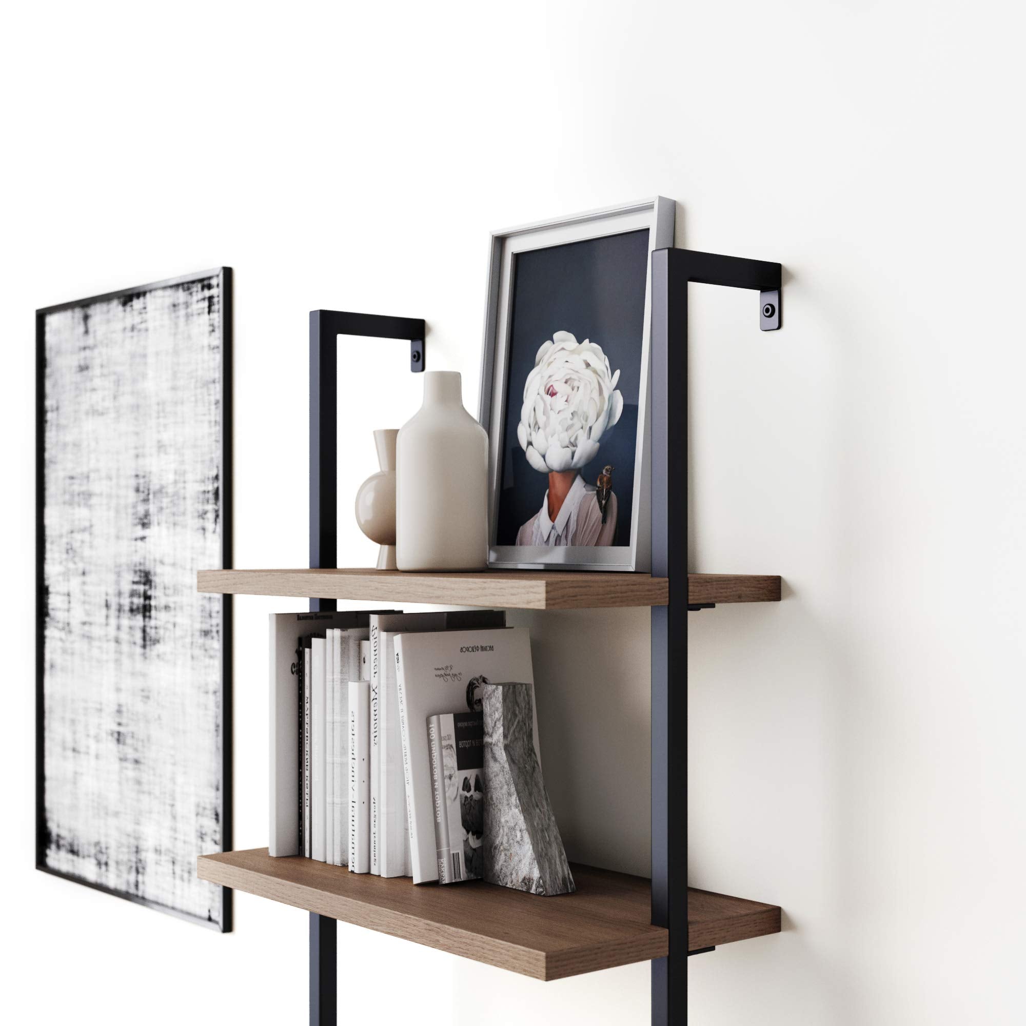 Nathan James Theo 5-Shelf Wood Modern Bookcase, Open Wall Mount Ladder Bookshelf with Industrial Black Metal Frame, Reclaimed Oak, Set of 2