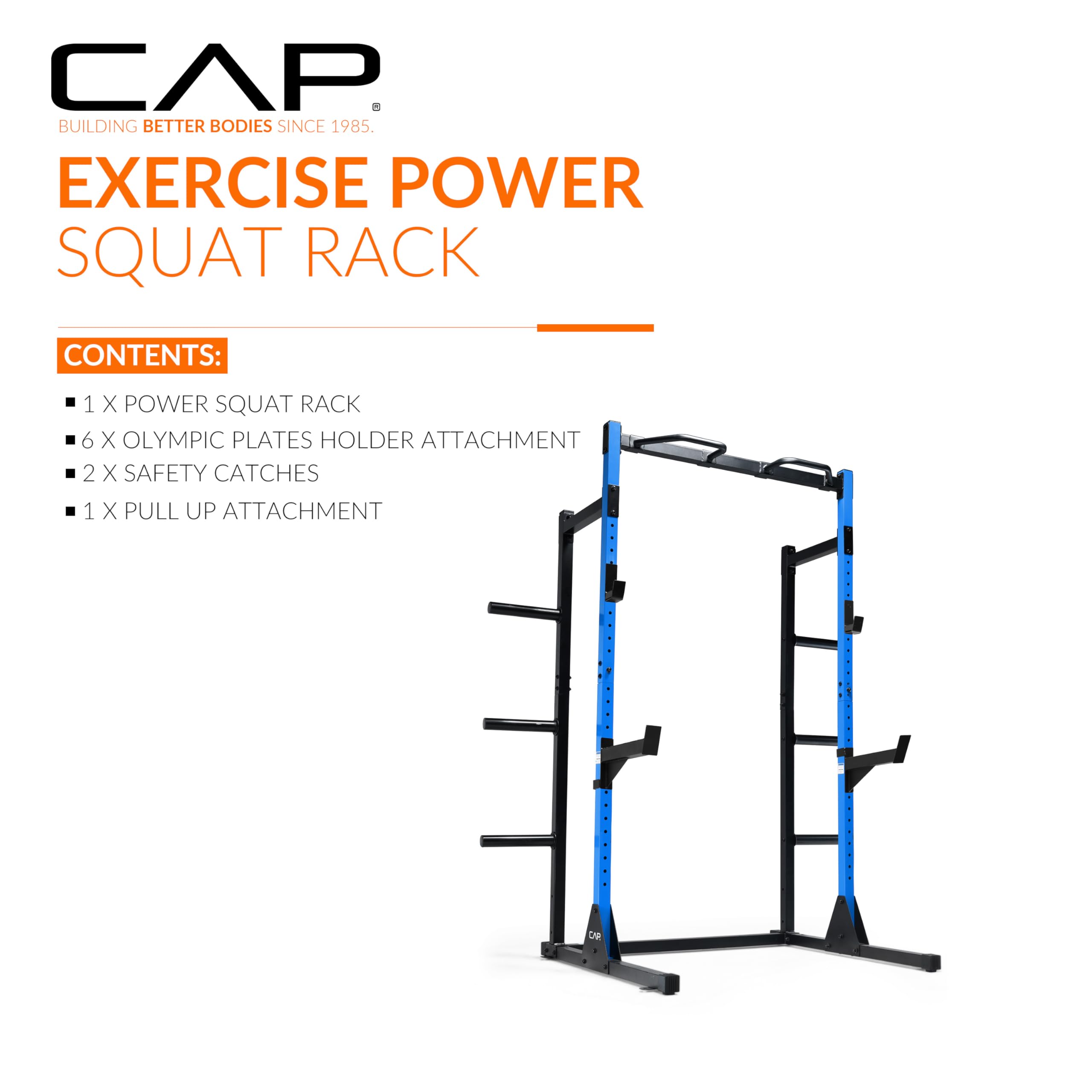 Cap Power Rack with Pull Up Bar & Attachments - Squat Rack & Strength Training Power Cage for Home Gym - Blue
