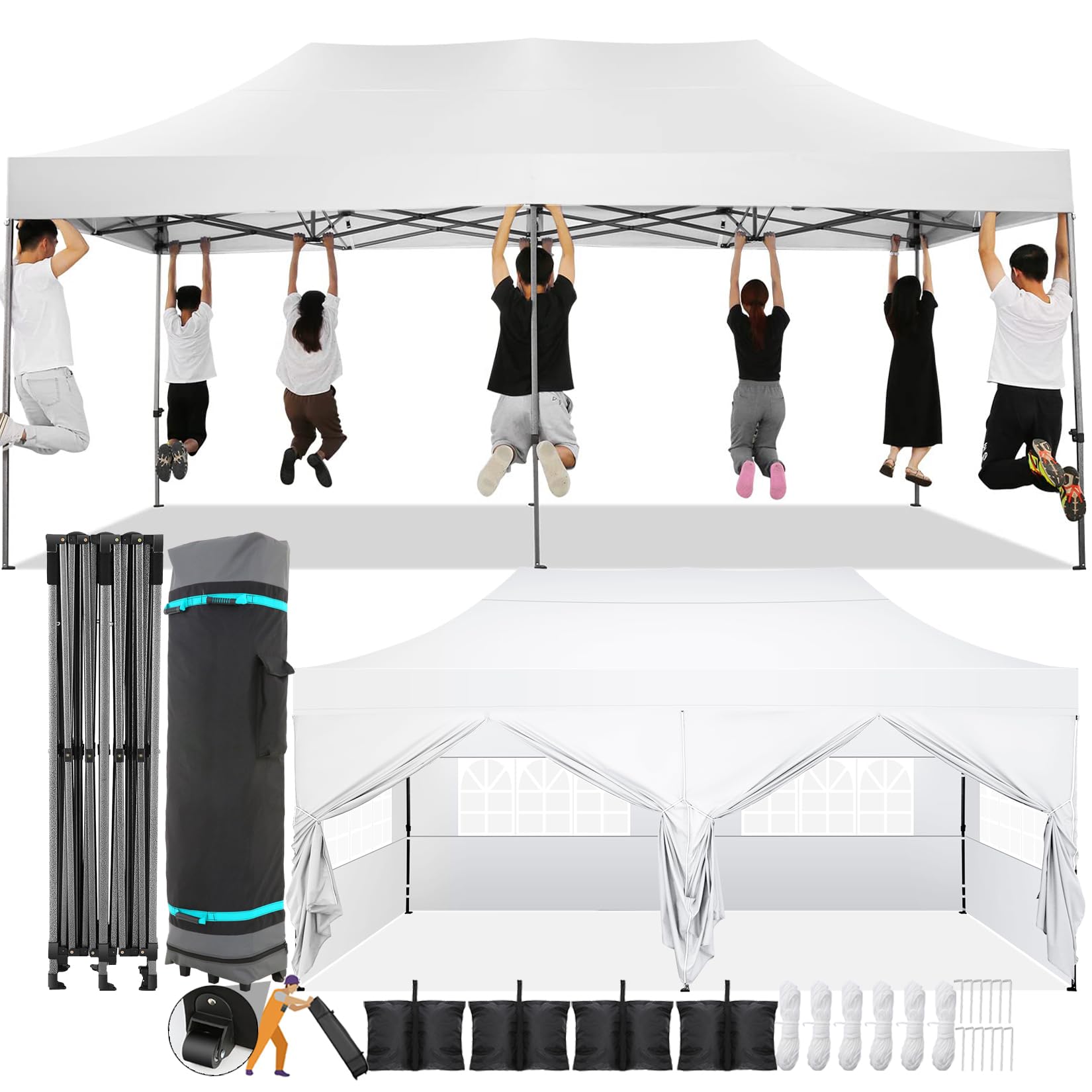 COBIZI 10x20 Pop Up Canopy with 6 Sidewall,Heavy Duty Canopy UPF 50+ All Season Wind Waterproof Commercial Outdoor Wedding Party Tents for Parties Canopy Gazebo with Roller Bag(10 x 20 ft White)