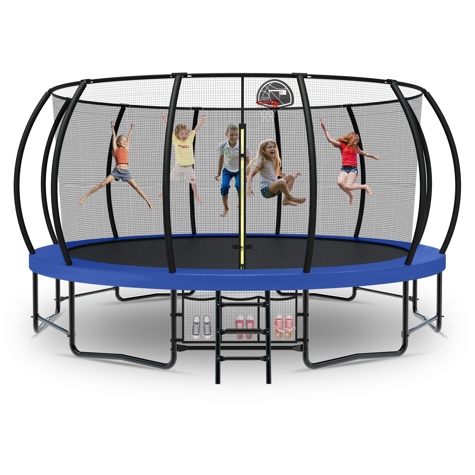 Tatub 16FT Upgrade Pumpkin Trampoline for Kids and Adults, Outdoor Recreational Trampolines with Basketball Hoop & Enclosure Net, Curved Poles & Storage Bag, Blue