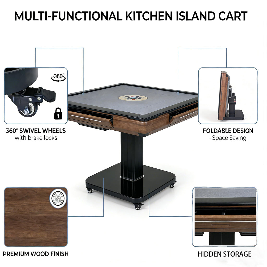 GDFStudio Foldable Ultra-Thin Automatic Mahjong Table with Wheels, Chinese and American Style 42mm Numbered Tiles with Hard Table Cover, 2 Sets Magnetic Tiles, Low Noise Shuffling, Brown