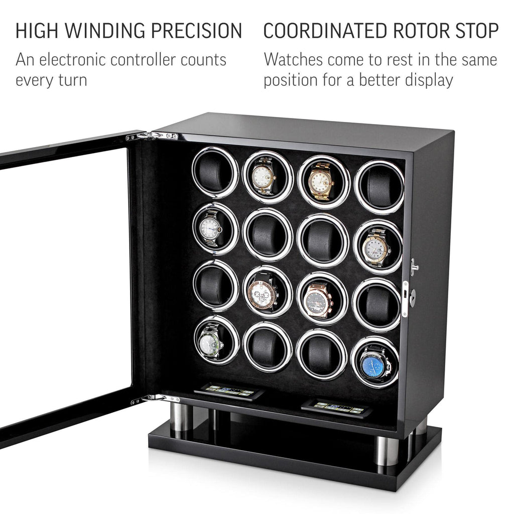 Watch Winder for 16 Automatic Watches with LED Light and LCD Touchscreen Control (Black + Black)