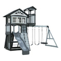 Backyard Discovery Whispering Point Light Gray Cedar Wood Swing Set with Wave Slide, Clubhouse, Crows Nest, Play Kitchen, Belt Swings, Web Swing, Rock Wall, Playhouse, Ladder, Windows, Outdoor Playset
