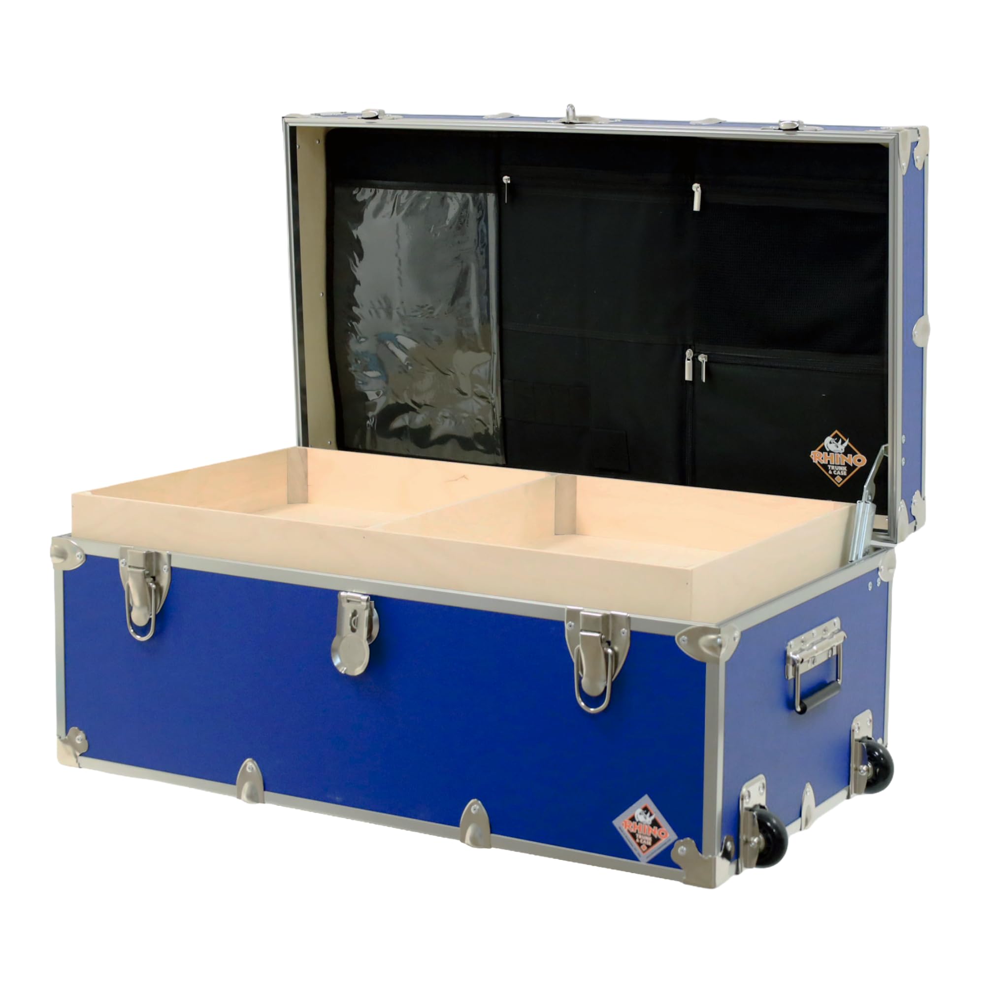 Rhino Trunk & Case Small Essential Trunk With Wheels, Tray, & Lid Organizer - 30"x17"x13", 1000+ lbs Capacity. Strong, USA Made Summer Camp Footlocker, and Secure College Dorm Storage Chest