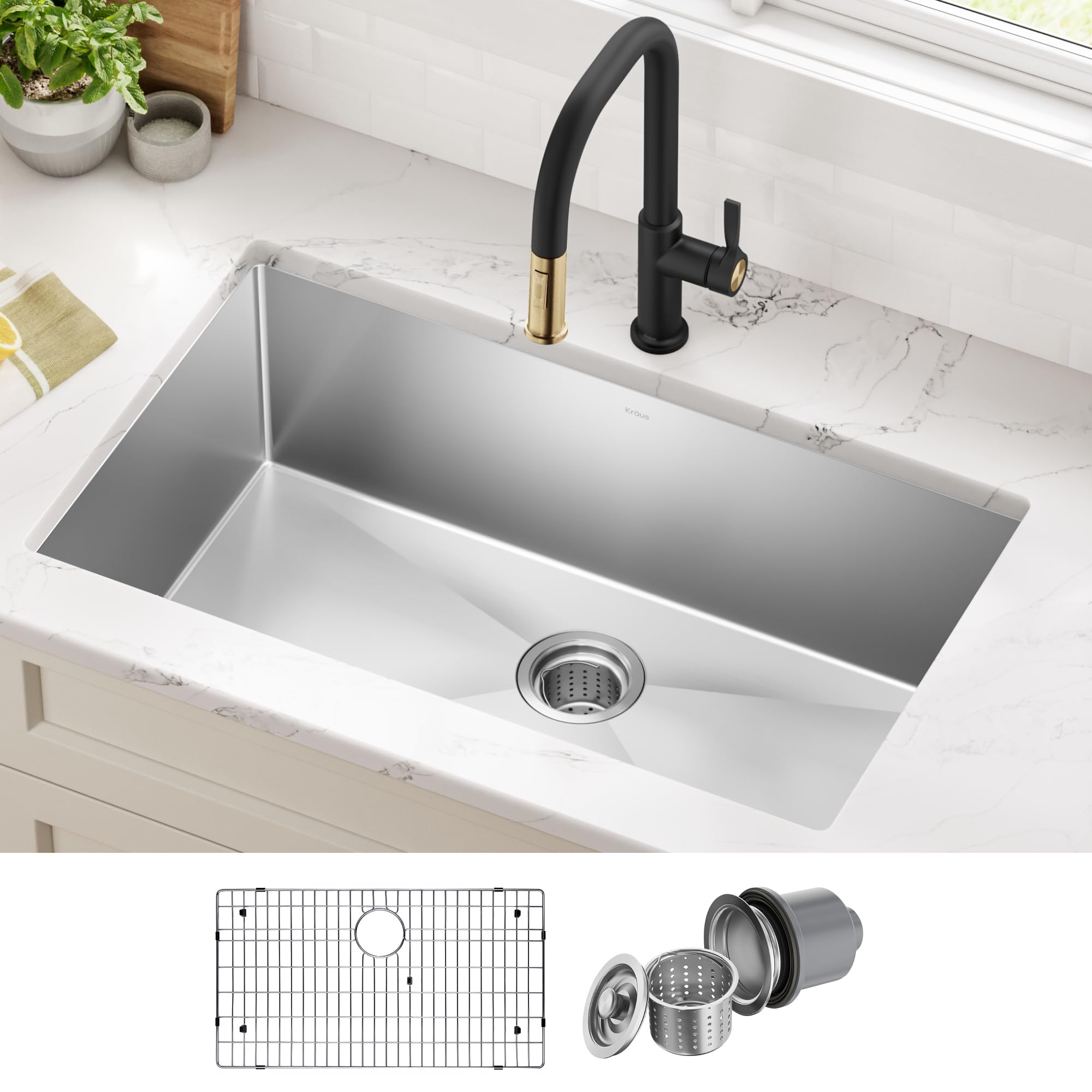 Kraus KHU100-32 Standart PRO 16 Gauge Undermount Single Bowl Stainless Steel Kitchen Sink, 32 Inch