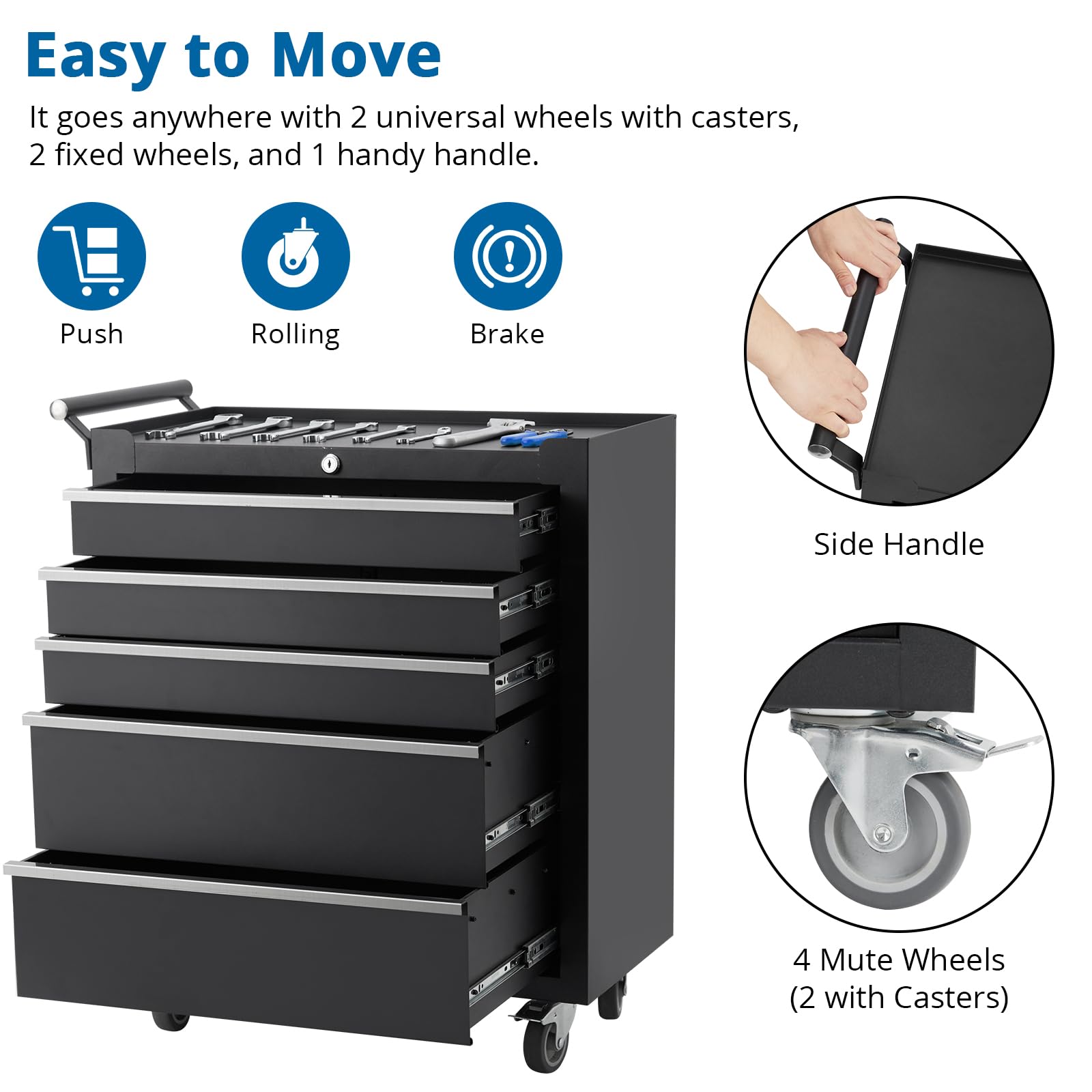 GarveeHome 5-Drawer Tool Chest, Rolling Tool Box with Wheels and Lock System, Portable Storage Rolling Tool Chest for Warehouse, Workshop & Repair Shop, Black