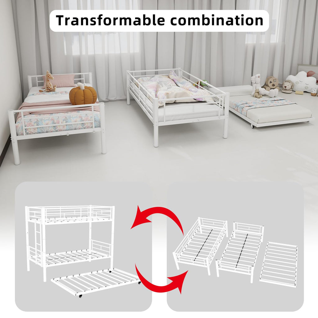 KEIKI Twin Size Triple Bunk Bed w/Trundle,Heavy Duty Metal Convertible Platform Bed Frame with Ladder & Full-Length Guardrail, for Teens, Adults, Noise Reduced, No Box Spring Needed,White