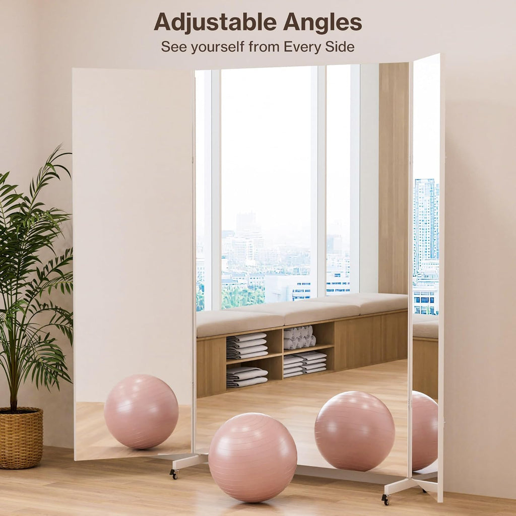 Full Length Stand Up Mirror on Wheels,63''×67'',Large Tri-Fold Floor Mirror with Stand,Movable 3-Way Full Length Standing Mirror for Gym, Dance Studio, Fitness Room, and Home (Silver)