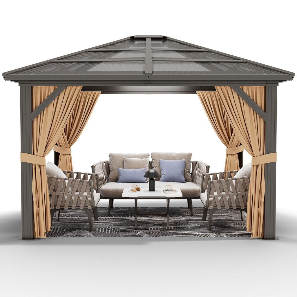 10' x 12' Hardtop Gazebo, Permanent Outdoor Pavilion with Single-Tier Hardtop Roof, Thickened Mosquito Netting, Double Track & Double Zipper Design for Patio, Lawn, Garden, Brown