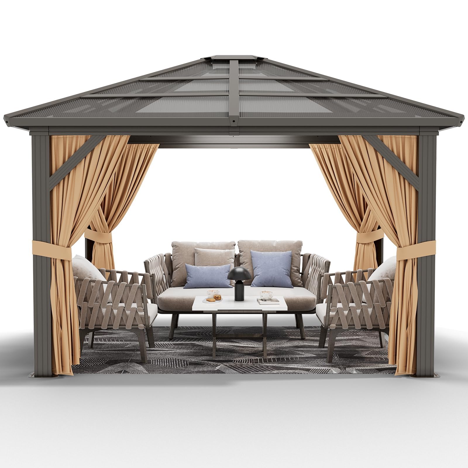 10' x 12' Hardtop Gazebo, Permanent Outdoor Pavilion with Single-Tier Hardtop Roof, Thickened Mosquito Netting, Double Track & Double Zipper Design for Patio, Lawn, Garden, Brown