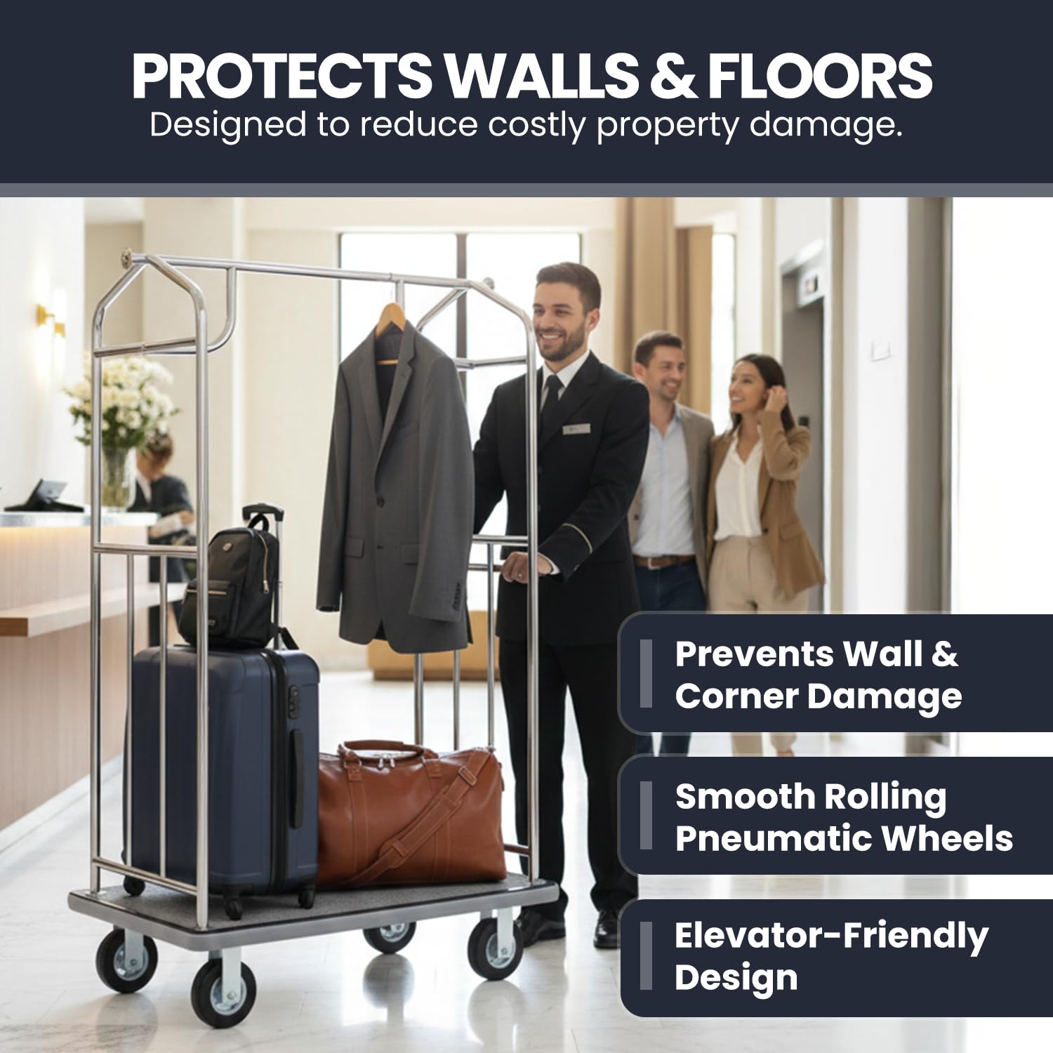 Wholesale Hotel Products Chrome Steel Luggage Cart – 800lb Capacity – Bellman Cart w/ 6” Air Filled Tires & Gray Carpet, for Hotel, Resorts, Condos, Commercial Use (Value Valet Series)