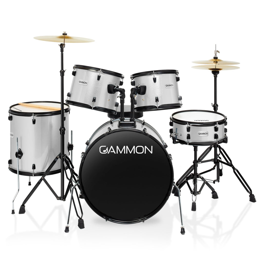 Gammon Percussion Full Size Complete Adult 5-Piece Drum Set with Cymbals, Stands, Stool, and Sticks - Silver
