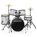 Gammon Percussion Full Size Complete Adult 5-Piece Drum Set with Cymbals, Stands, Stool, and Sticks - Silver