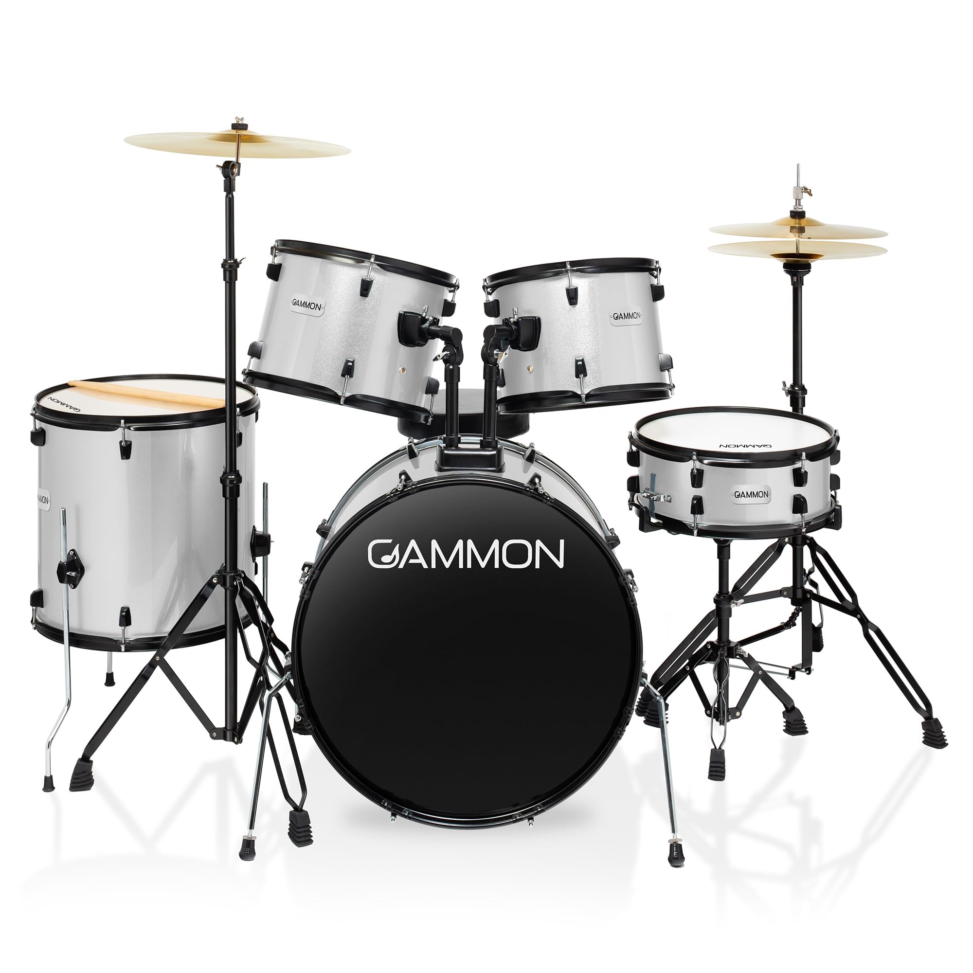 Gammon Percussion Full Size Complete Adult 5-Piece Drum Set with Cymbals, Stands, Stool, and Sticks - Silver