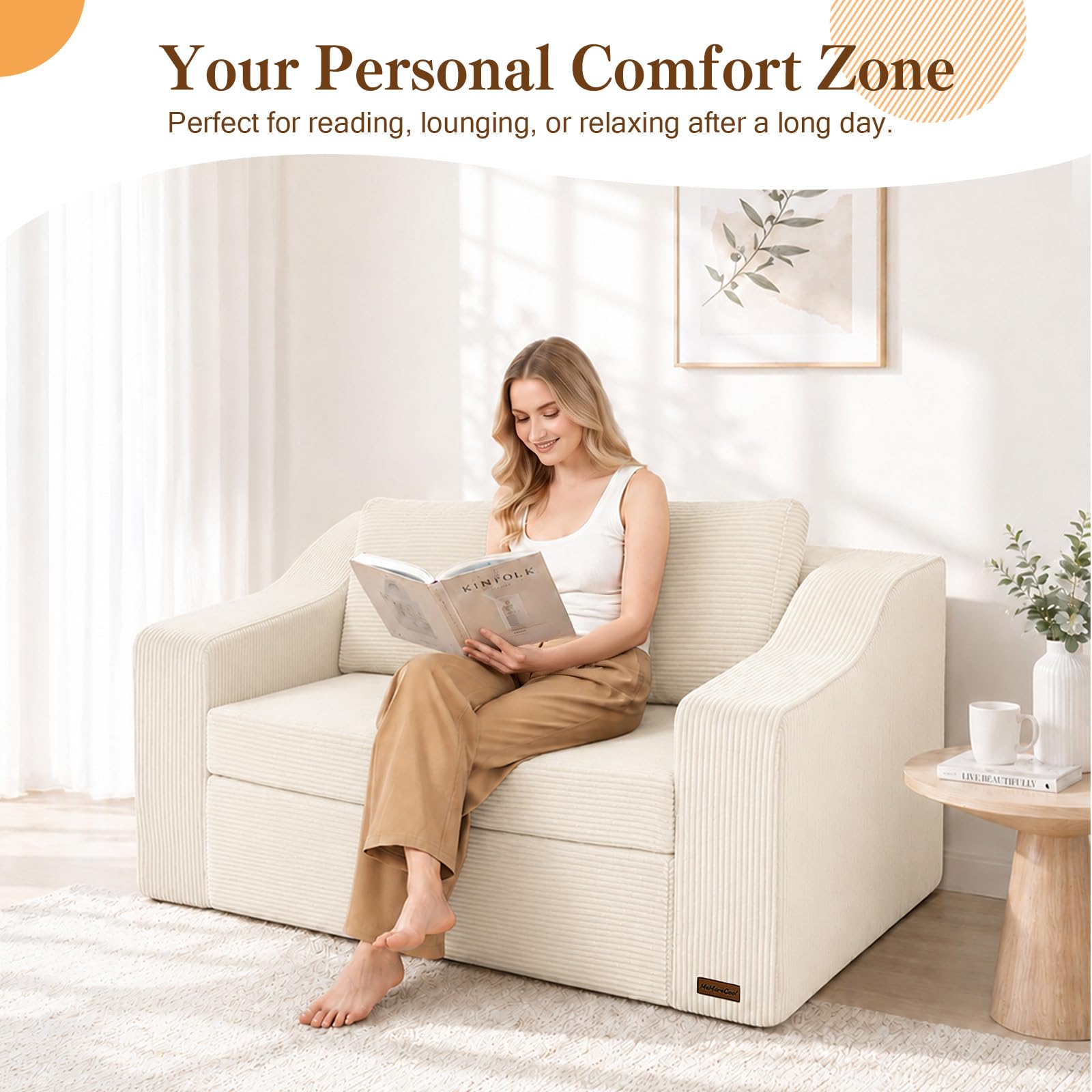 MeMoreCool Convertible Sofa Bed, Pull Out Loveseat Sofa Sleeper Couch for Bedroom Living Room Lounge, 2 in 1 Small Couch Bed with Pillow, Foldable Love Seat Futon Corduroy Beige