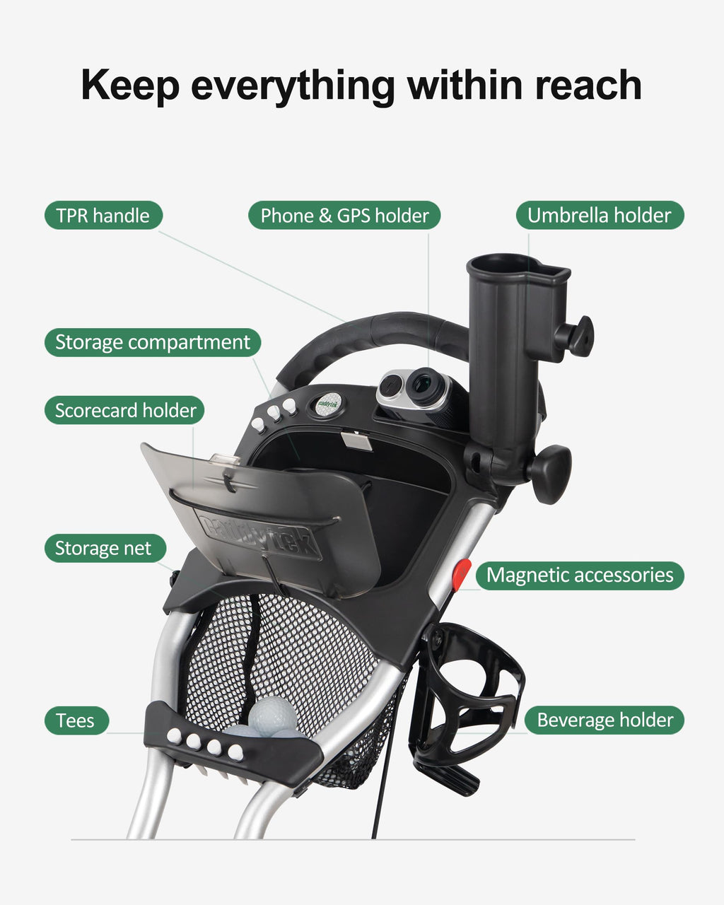 Caddytek CaddyLite EZ V8 Golf Push Cart - Lightweight 3 Wheel Foldable Cart with One-Click 2-Step Folding, EVA Wheels, Adjustable Handle, Cooler Basket, Umbrella & Drink Holder, Compact Golf Cart