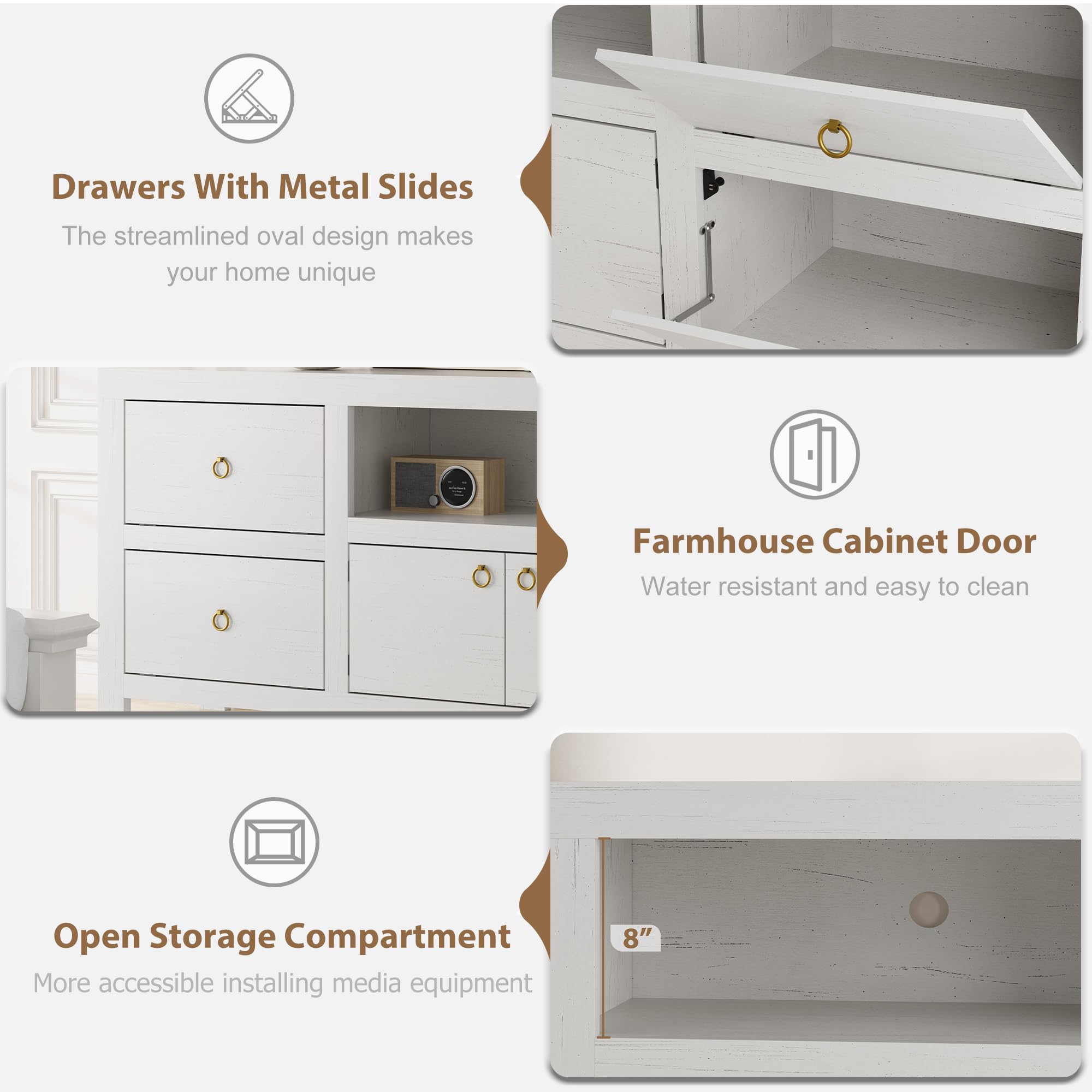 Farmhouse TV Stand for 75/80 Inch TVs, 70" Long Entertainment Center with 6 Storage Drawers & Soundbar Shelf, White Television Consoles Stands for Living Room, Bedroom