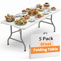 EDWINENE 6FT Plastic Folding Table Heavy Duty Foldable Table Portable Fold-in-Half Desk Table Collapsible White Dining Tables for Wedding Party Banquet Event Use, Set of 5 Pack