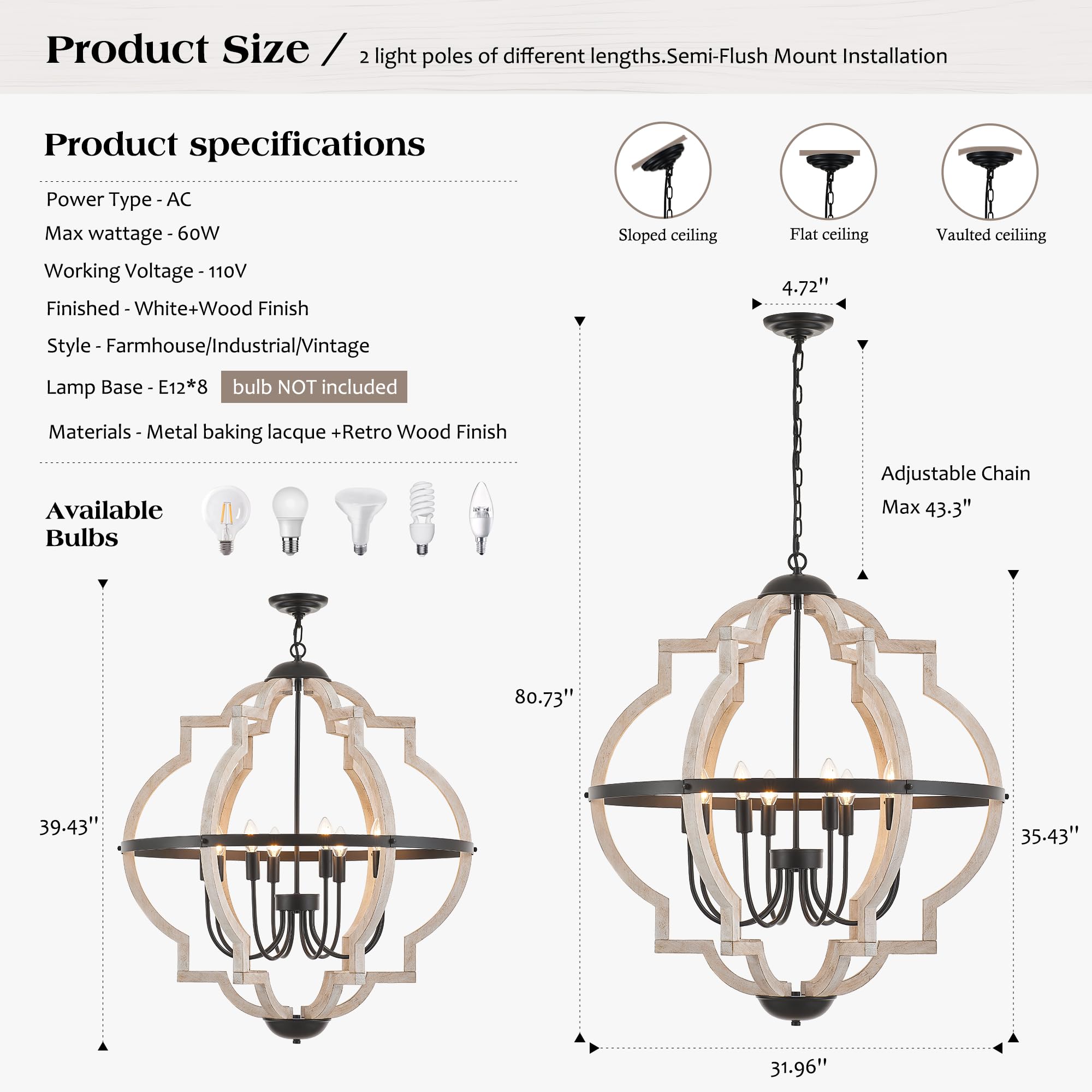 Faibra 8-Light Wood Pendant Light,31.96'' Vintage Rustic White Wood Chandeliers,Retro Industrial Hanging Light Fixtures for Dining Room Entryway, Bedroom