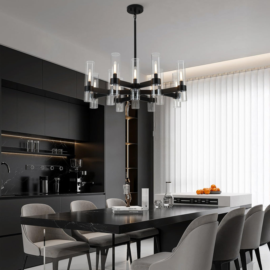 12 Light Black Chandeliers for Dining Room Light Fixtures Over Table, Modern Farmhouse Chandelier with Clear Glass Cover for Living Dining Room Kitchen Island Bedroom Foyer 34"