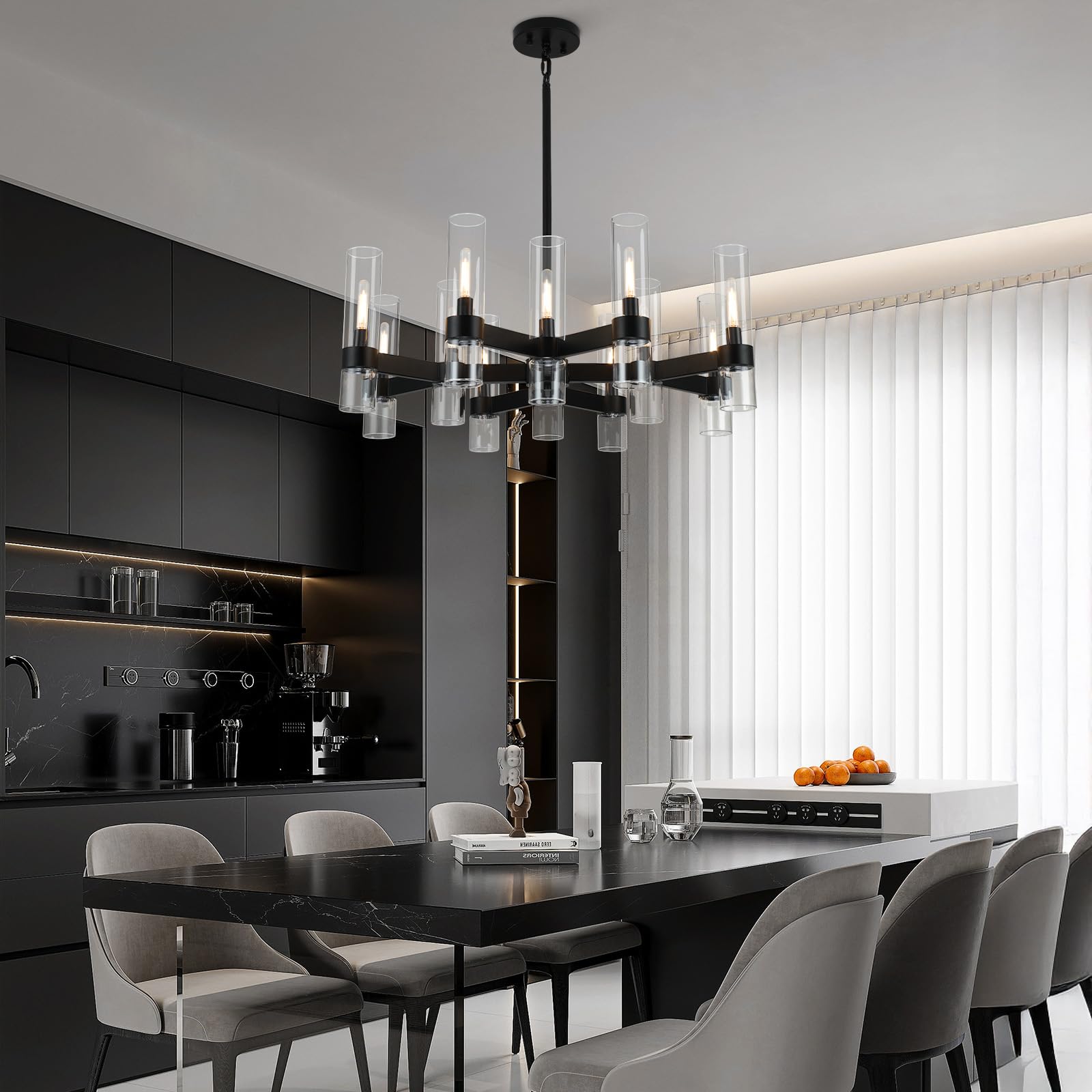 12 Light Black Chandeliers for Dining Room Light Fixtures Over Table, Modern Farmhouse Chandelier with Clear Glass Cover for Living Dining Room Kitchen Island Bedroom Foyer 34"