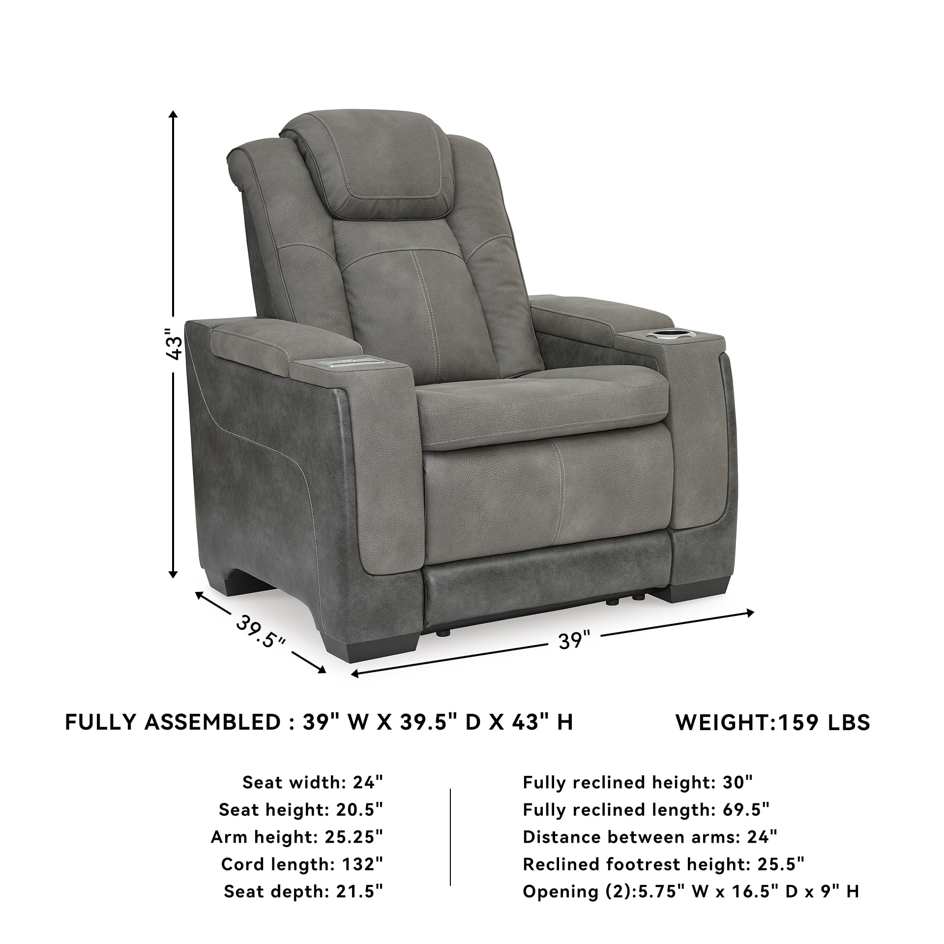 Signature Design by Ashley Next-Gen DuraPella Power Recliner with Adjustable Headrest, Storage Armrests, Wireless & USB Charging, Faux Leather, 2-Tone Gray