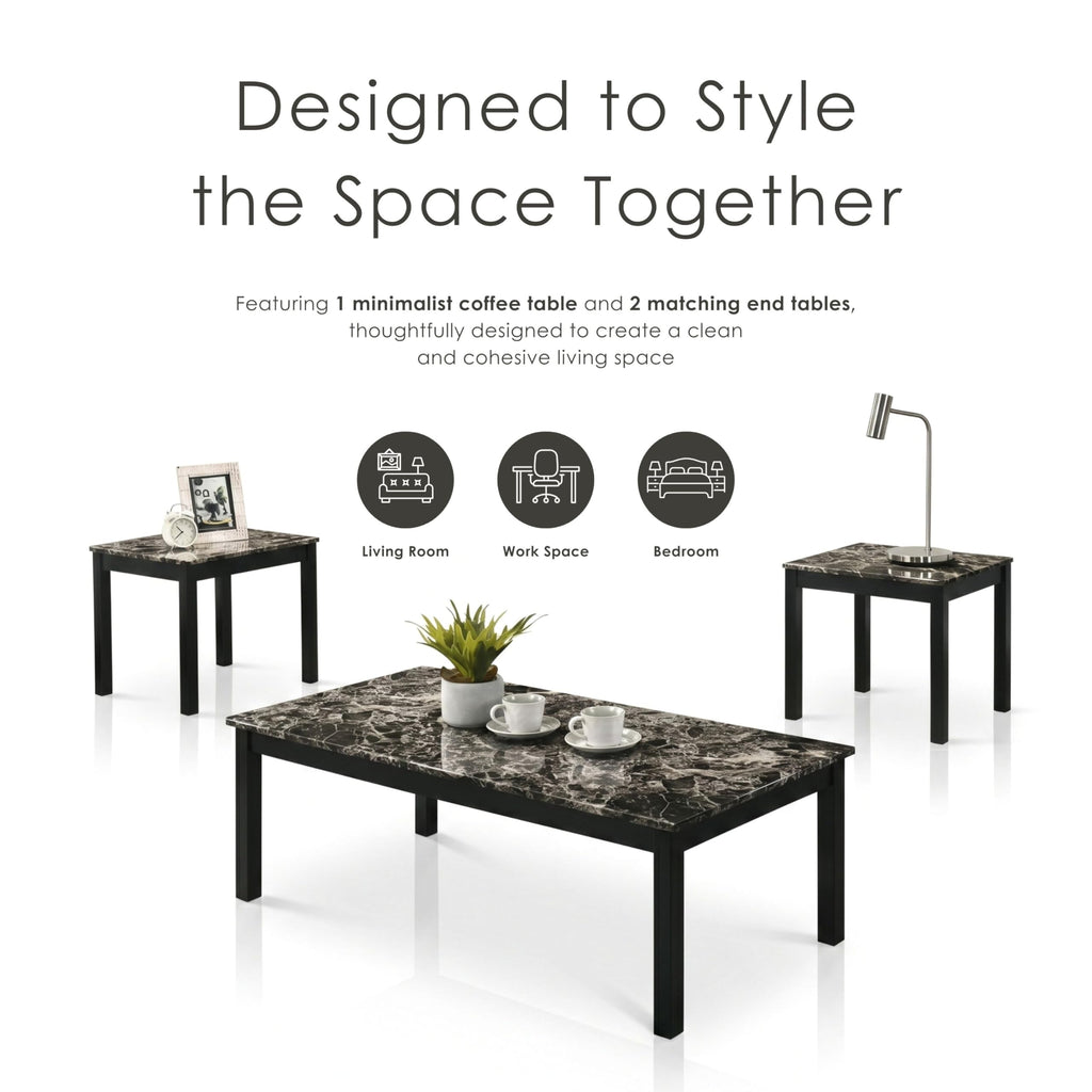 Furniture of America Isime Modern Contemporary Solid Wood 47.5-inch 3-Piece Coffee Table Set with Faux Marble Top for Living Room, Office, Black and White
