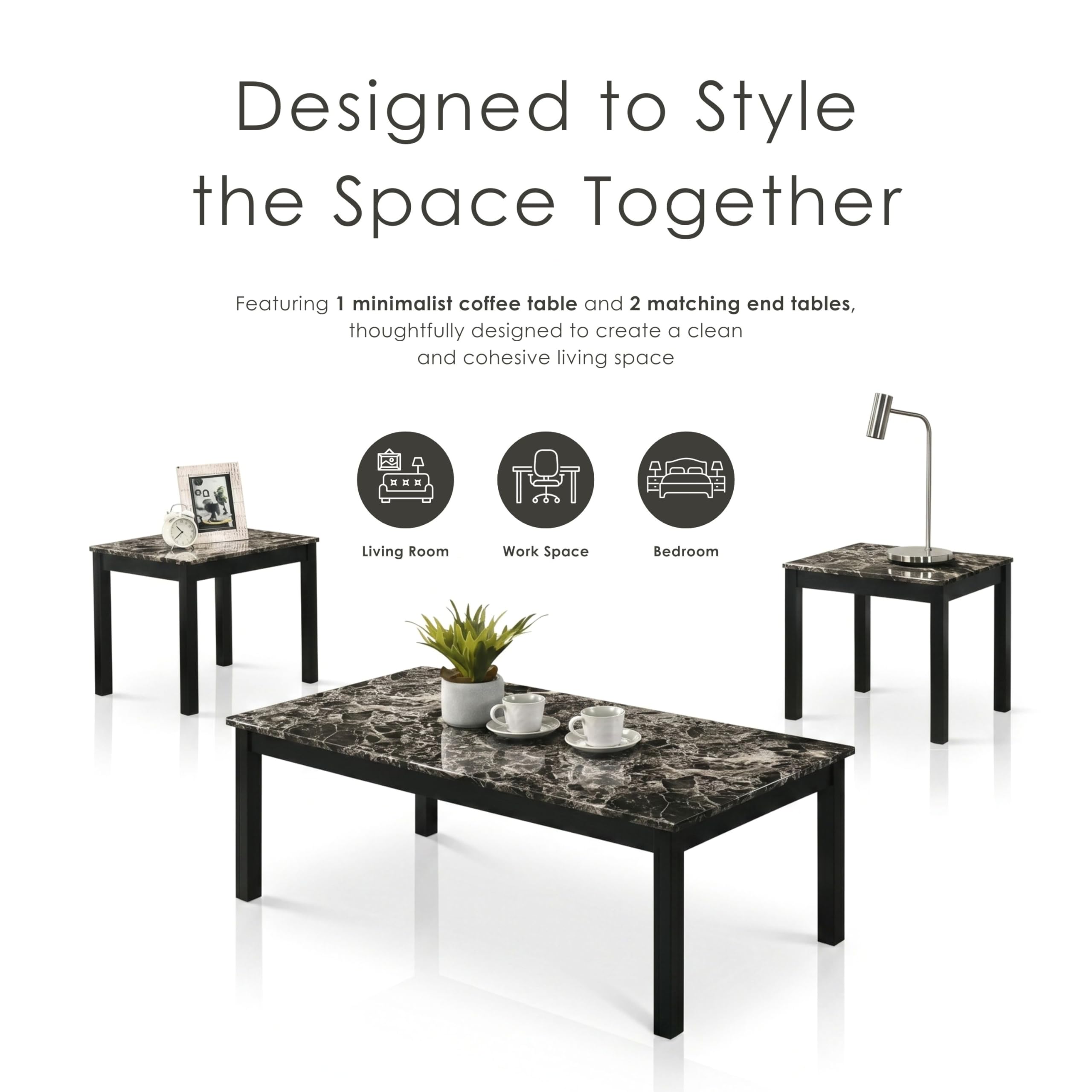 Furniture of America Isime Modern Contemporary Solid Wood 47.5-inch 3-Piece Coffee Table Set with Faux Marble Top for Living Room, Office, Black and White