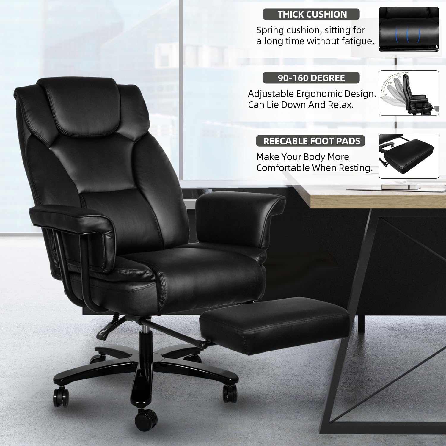 Sucrever Reclining Office Chair with Footrest, Big and Tall Home Office Desk Chairs 400lbs with High Back, Criss Cross Wide Seat, Heavy Duty Base, Pu Leather, Black