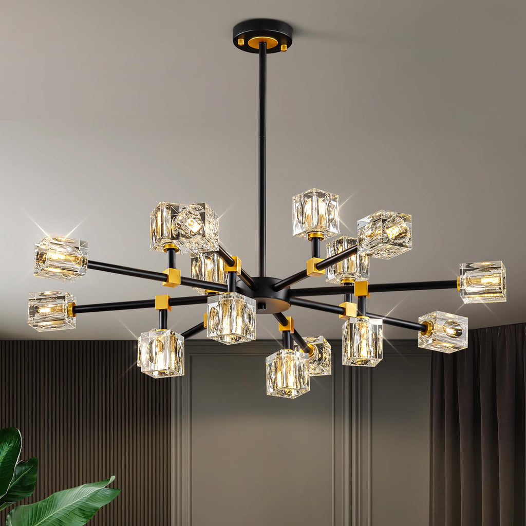 Sputnik Chandeliers with16-Light,Modern Black and Gold Crystal Chandelier, Mid Century Ceiling Light Fixture for Dining Room, Kitchen Island,Foyer,Living Room,Bedroom