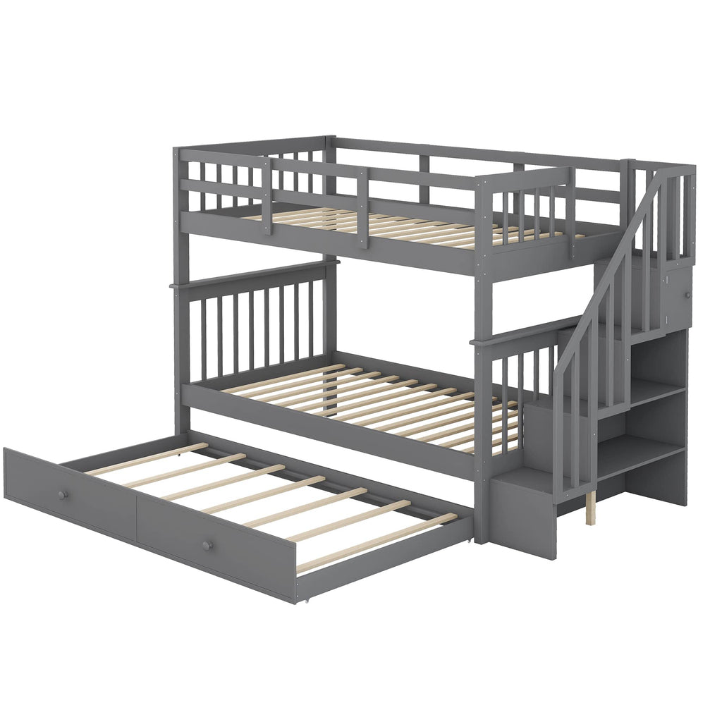 Merax Twin-Over-Twin Bunk Bed with Twin Size Trundle, Soild Wood Stairway Bunk Bed with Storage and Guard Rail for Teens, Adults, Gray