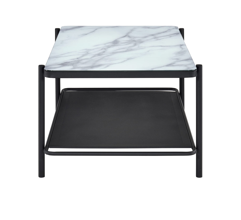 Furniture of America Basil Industrial Faux Marble Top Steel 2-Piece Coffee and End Tables Set with Open Shelves, Black and White