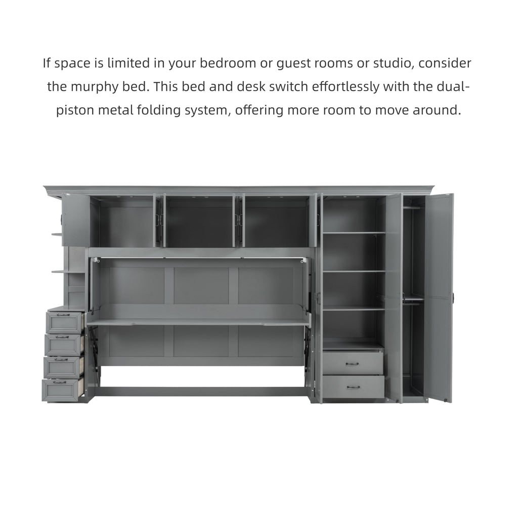 Merax Twin Size Murphy Bed with Desk, Multifunctional Wood Foldable Wall Bed with Wardrobe, Drawers and Cabinet, Space-Saving Hidden Bed for Guest Room Office, No Box Spring Needed, Grey