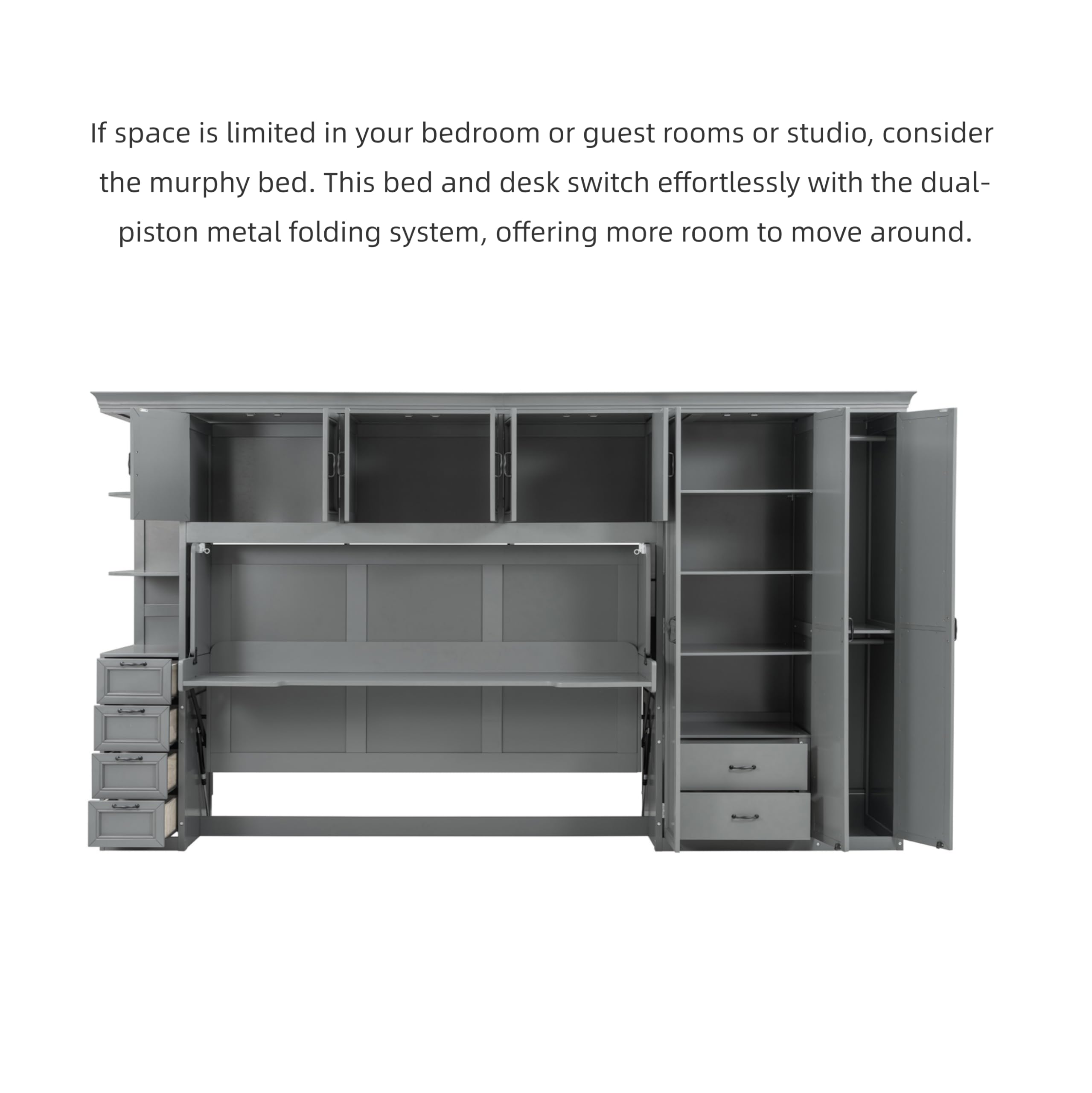 Merax Twin Size Murphy Bed with Desk, Multifunctional Wood Foldable Wall Bed with Wardrobe, Drawers and Cabinet, Space-Saving Hidden Bed for Guest Room Office, No Box Spring Needed, Grey
