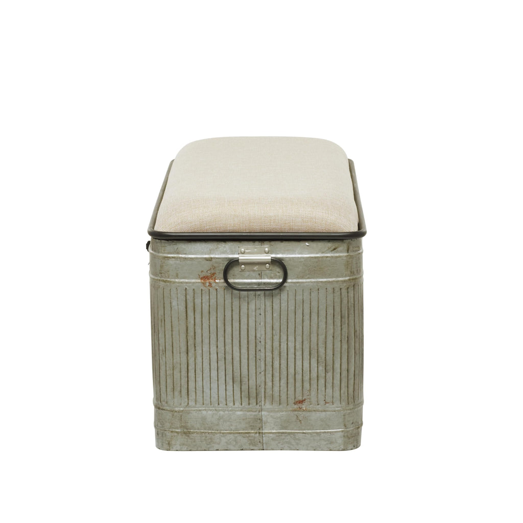 Deco 79 Metal Room Storage Bench Galvanized Entryway Bench with Cream Burlap Top and Black Latches, Bench 38" x 16" x 19", Gray