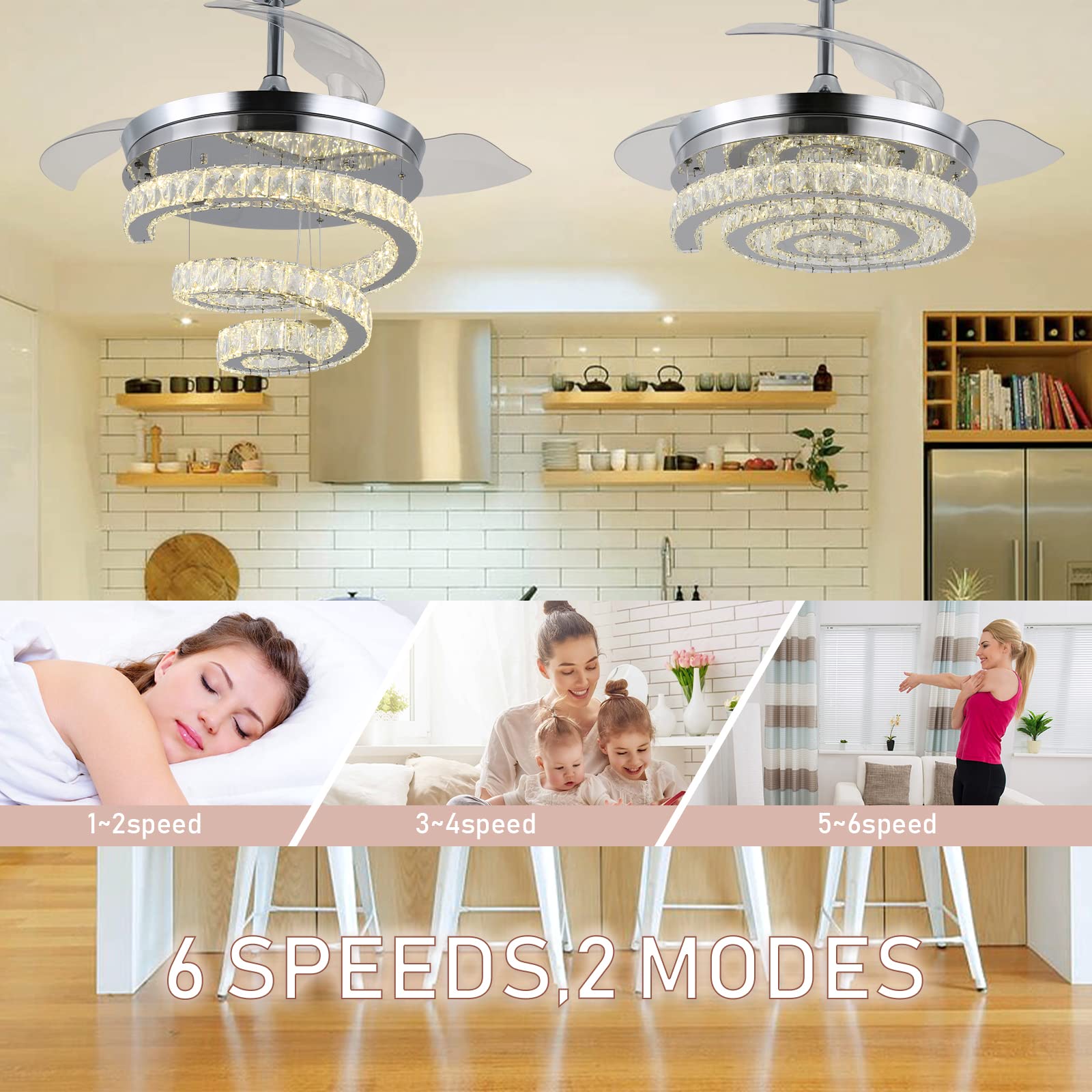 FRIXCHUR 42" Crystal Chandelier Ceiling Fans with Lights and Remote Dimmable Fandelier Retractable Crystal Ceiling Fans 3 Rings Invisible Blades Crystal Ceiling Fans for Bedroom Living Room 30W*2