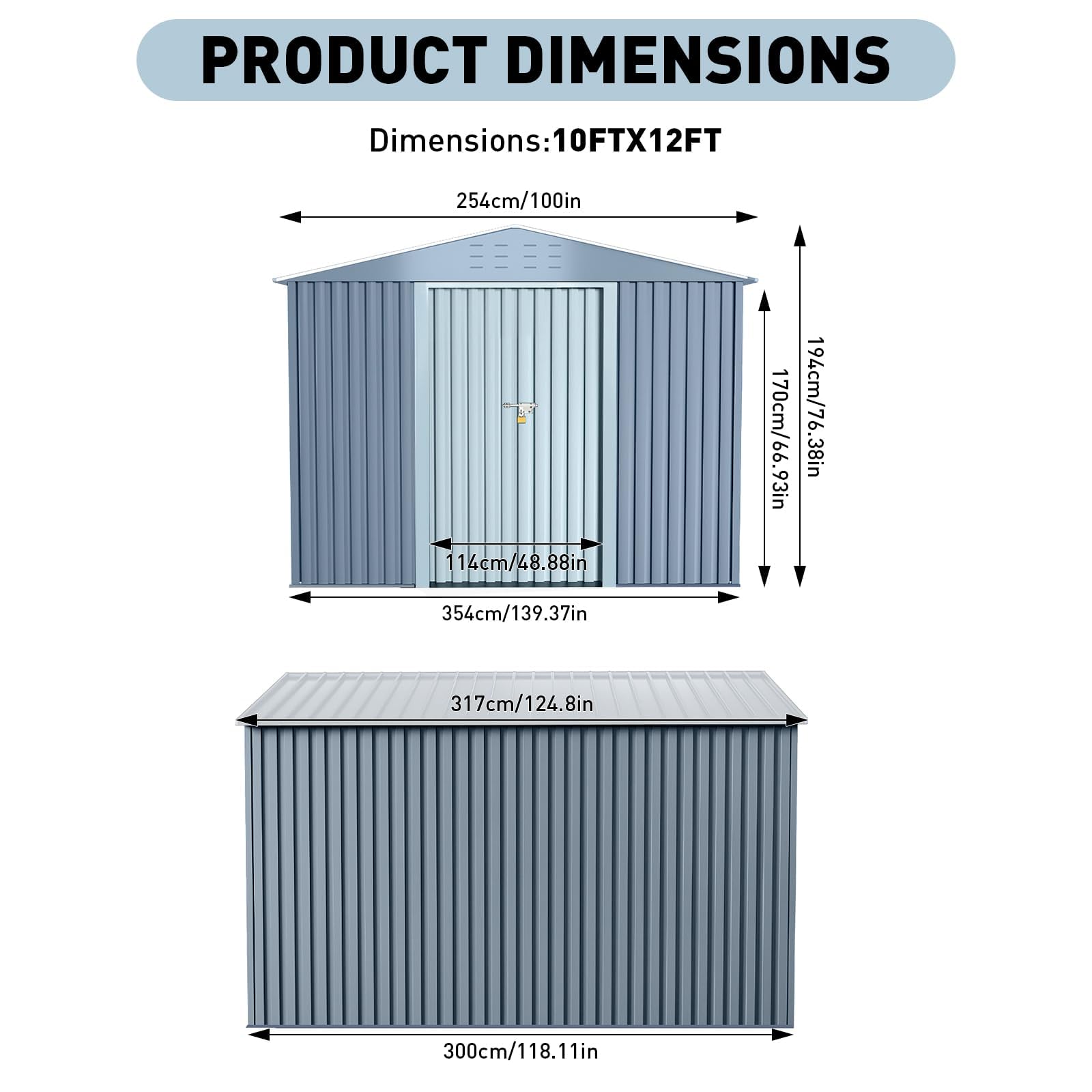 10X12FT Large Metal Outdoor Storage Shed,Galvanized Steel Arden Tool Shed with Lockable Double Doors & Breathable Vent,for Yard Bins/Generator/Wheelbarrow Garden Storage