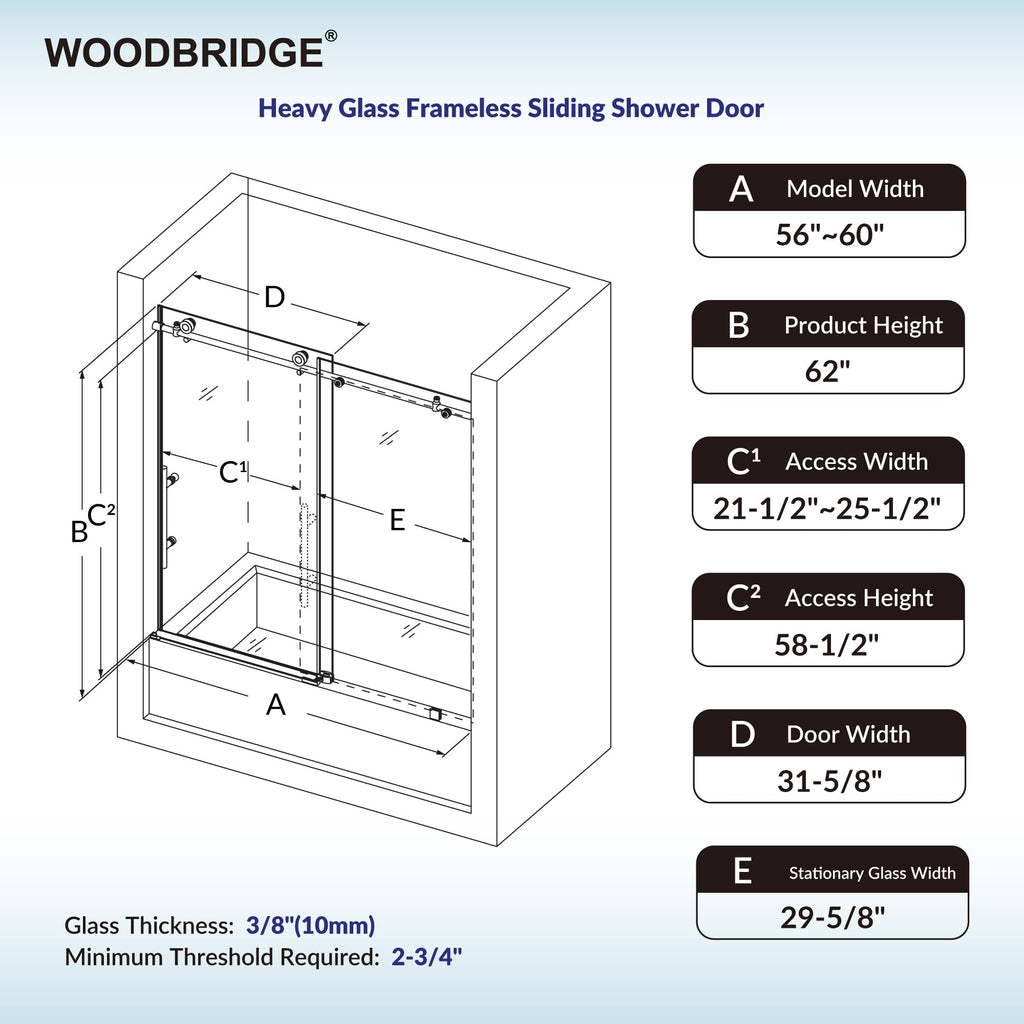 Woodbridge Frameless Bathtub Shower Doors 56-60" Width x 62" Height with 3/8"(10mm) Clear Tempered Glass in Chorme Finish