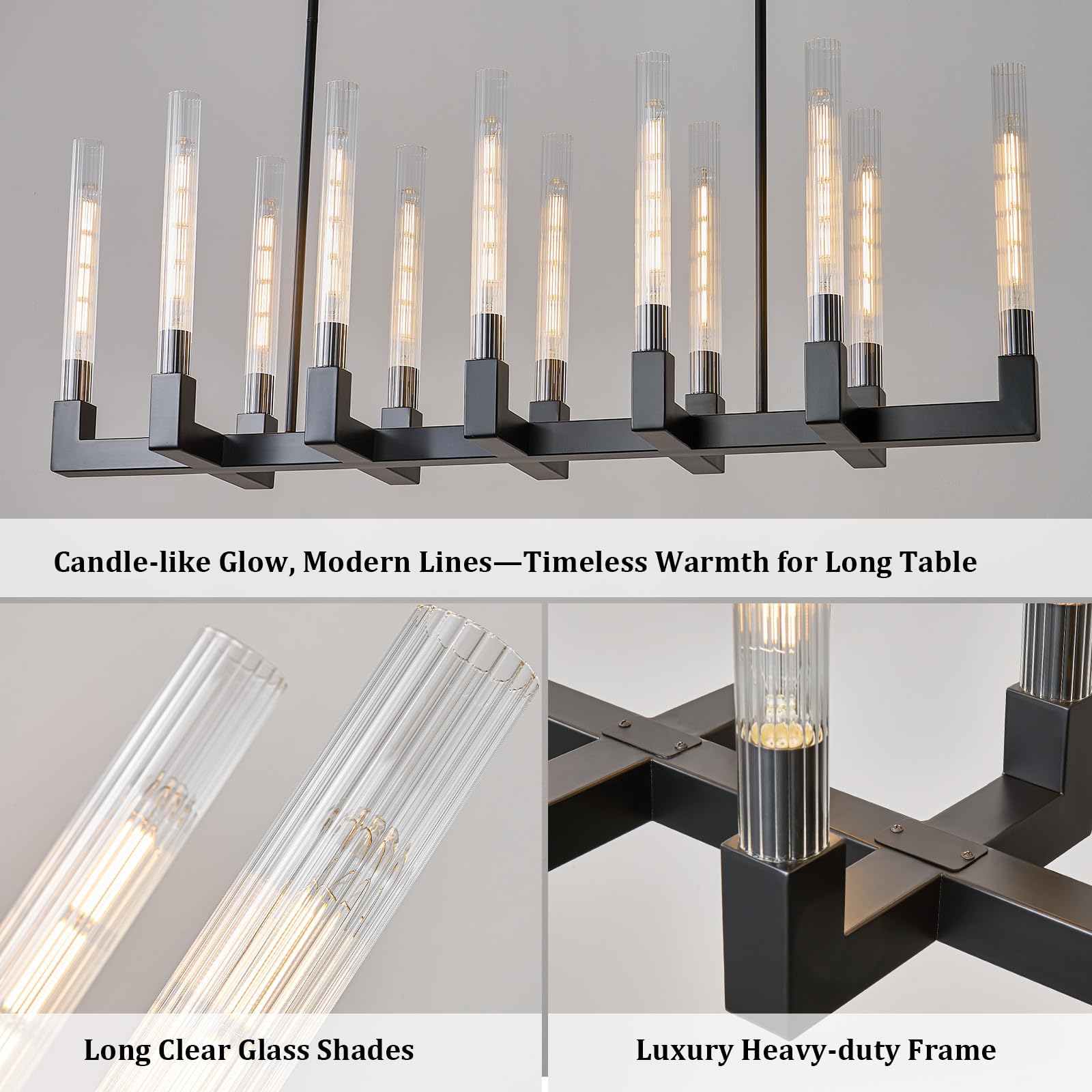 Black Farmhouse Dining Room Chandelier: 54" Modern Linear Rectangle Dining Room Light Fixture - Long Glass Metal Pendant Chandeliers for Kitchen Island - Large Lighting over Kitchen Table Living Rooms
