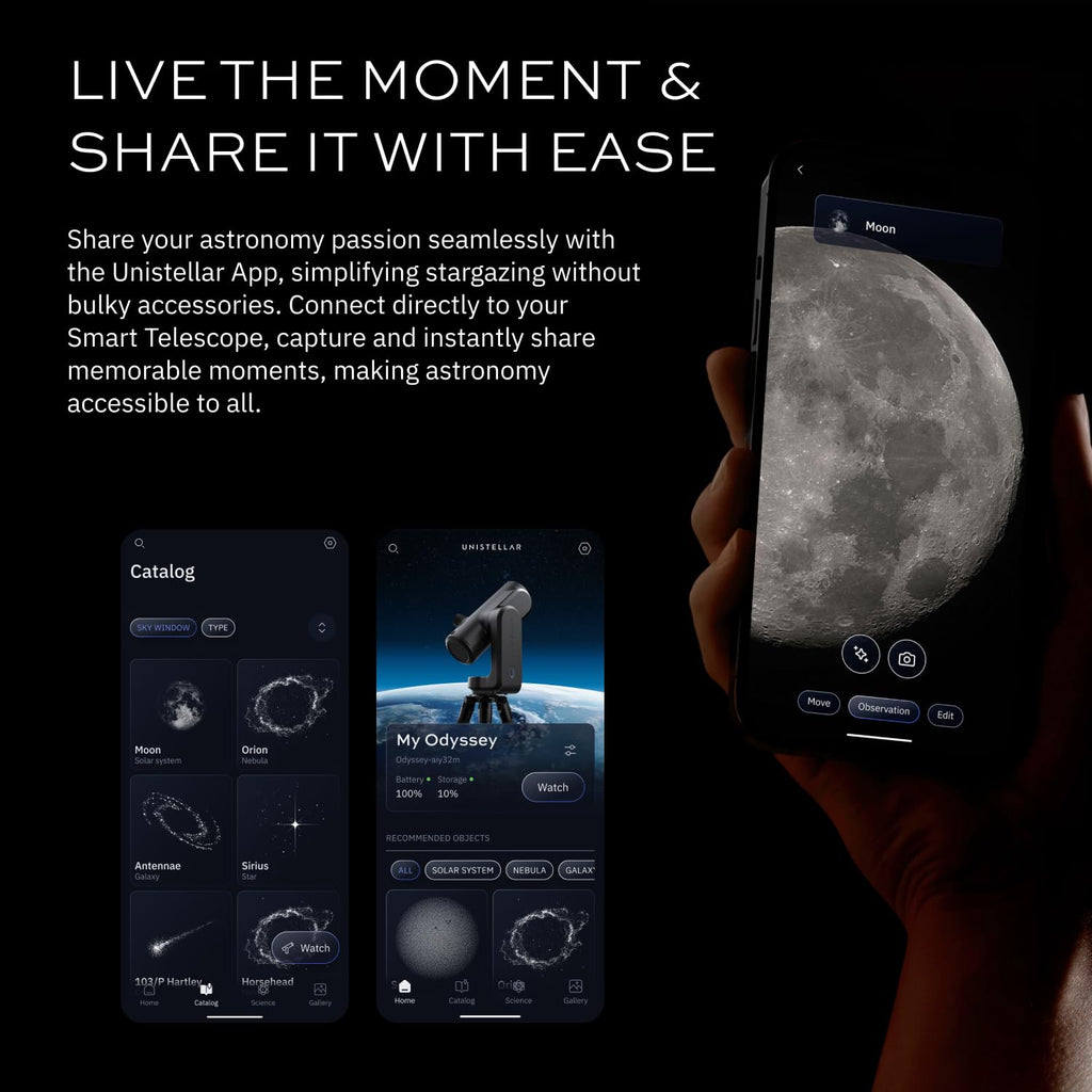 Odyssey PRO - UNISTELLAR Smart Telescope (with Eyepiece), 85mm f/3.9 (320mm) Digital & Computerized, App-Controlled Motorized Alt-Az, Enhanced Vision, RAW/FITS Export, 64GB, 5h Battery (Black)