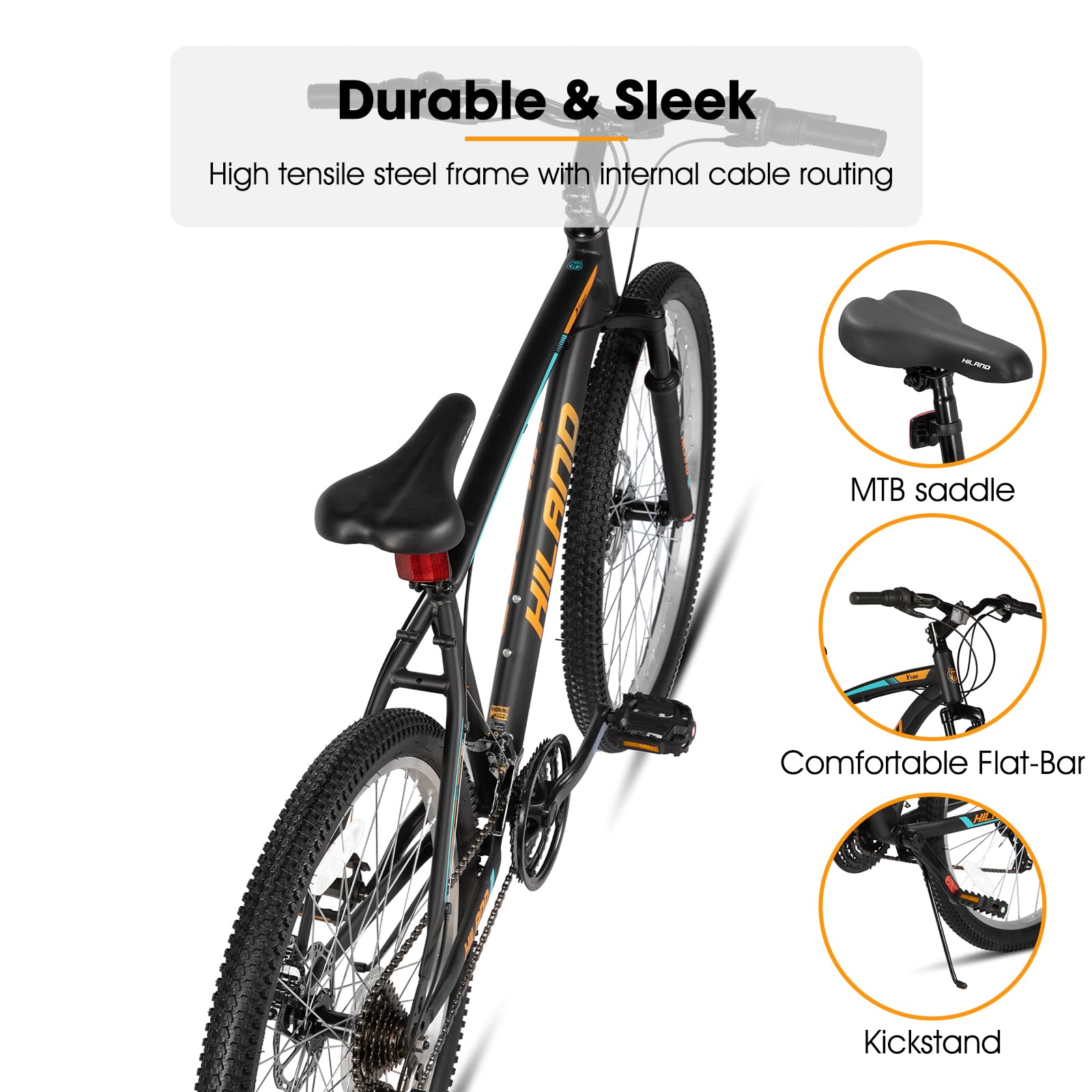 HH HILAND Mens and Womens Mountain Bike, 26 Inch 18 Speed Mountain Bicycle with Dual Disc Brake, Front Suspension Fork, High Carbon Steel Frame Urban Commuter Bike for Adults, Black Orange